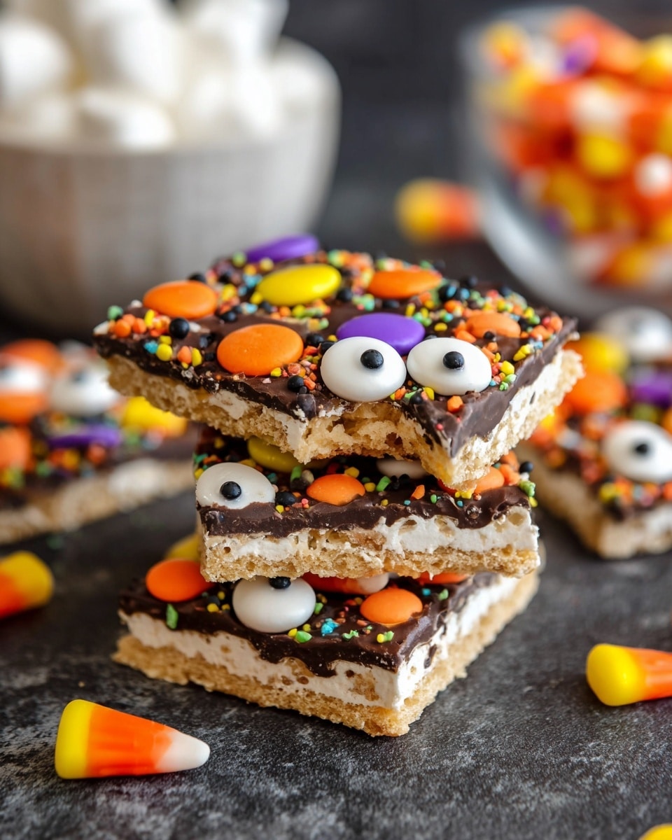 A stack of four square treats shows three clear layers: a light tan bottom layer that looks crunchy, a creamy white middle layer, and a thick dark brown top layer covered in colorful decorations. The top layer has round candy pieces in bright orange, yellow, and purple, orange and white candy corn shapes, large white candy eyes with black dots, and small green, white, black, and orange sprinkles scattered evenly. The edges of the treats are slightly rough, and a bite is taken from the top piece, showing all layers clearly. The treats sit on a dark textured surface, with an out-of-focus white marshmallow and a white bowl with more colorful candies in the background. photo taken with an iphone --ar 4:5 --v 7