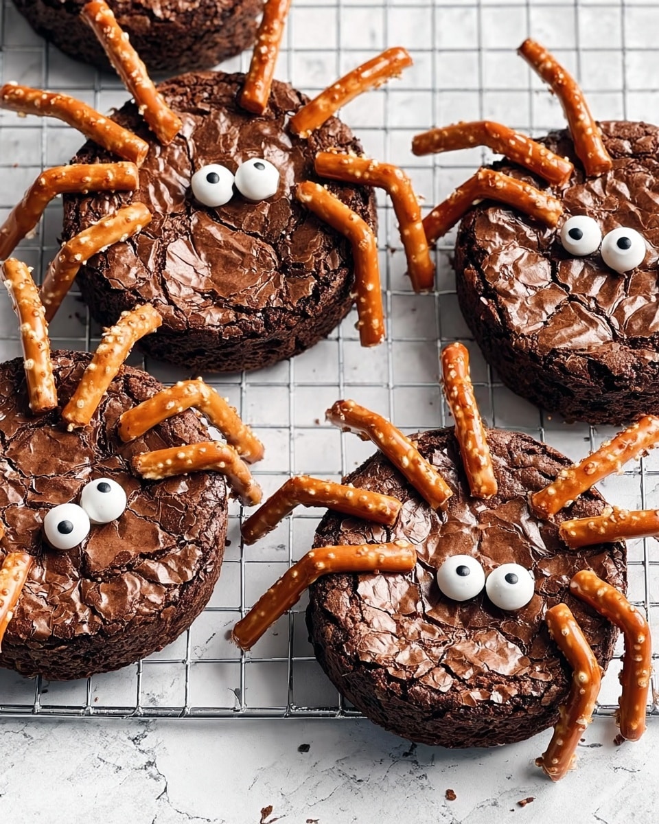 A single round chocolate brownie sits on a wire rack over a white marbled surface. The brownie has a cracked, textured top with eight thin, crispy chocolate stick legs evenly spaced around its sides, giving it a spider-like appearance. Two small round white candy eyes with black dots are placed near the center on top. The brownie looks dense and rich with a slightly shiny crust. Photo taken with an iphone --ar 4:5 --v 7