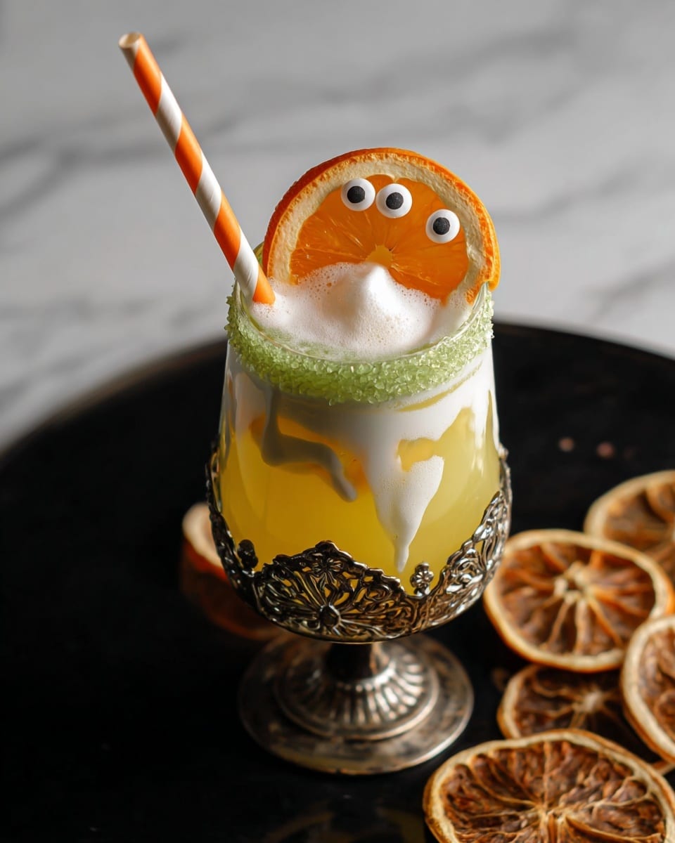 A close-up of a drink in a clear glass with a green sugar rim, filled with two layers: a creamy white layer at the bottom and a bright yellow layer on top that softly blend; a woman's hand with dark nail polish is holding a dried orange slice with two small white eyeballs on it, about to place it on the glass; the glass is held by a dark, ornate metal holder and the background is dark, contrasting with the bright colors of the drink, photo taken with an iphone --ar 4:5 --v 7