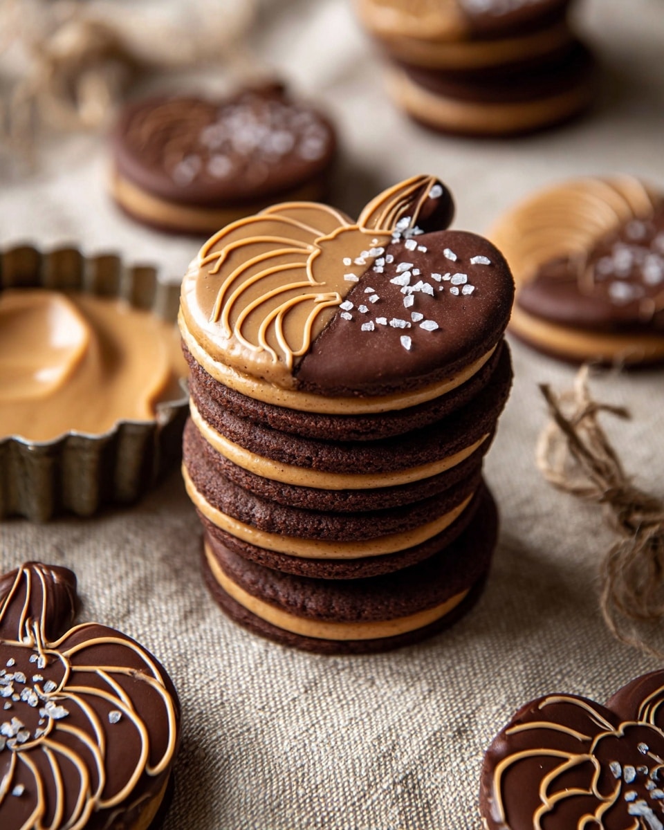The image shows several dark chocolate sandwich cookies stacked and laid out on a round wooden board with a rustic, textured look. Each cookie has two dark chocolate layers with a creamy tan filling in between, and many are decorated with light brown chocolate drizzles on top. Some of the cookies are half dipped in the light brown chocolate and sprinkled with flakes of sea salt. A few cookies are stacked in pairs, showing the thick cream filling in the middle. The background is a white marbled texture with some natural twine and pinecone accents around the board. photo taken with an iphone --ar 4:5 --v 7