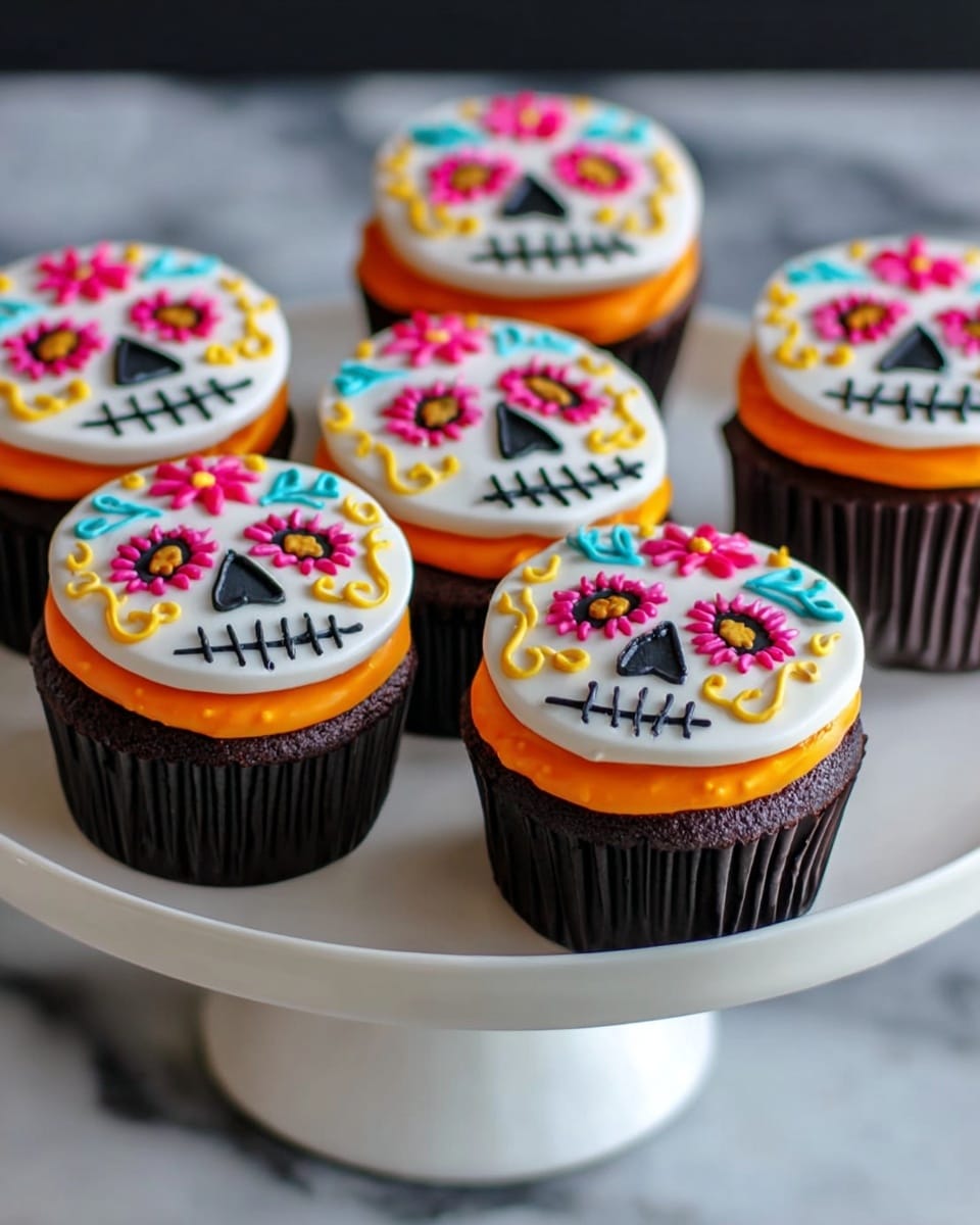 Seven cupcakes are placed on a white cake stand with a smooth curved base. Each cupcake has a dark brown wrapper and an orange frosting base. On top of the frosting, there is a white round fondant layer decorated like a sugar skull with colorful details: pink and yellow flower shapes, blue teardrops, and black stitched mouth and eye shapes. The background is a white marbled surface. photo taken with an iphone --ar 4:5 --v 7