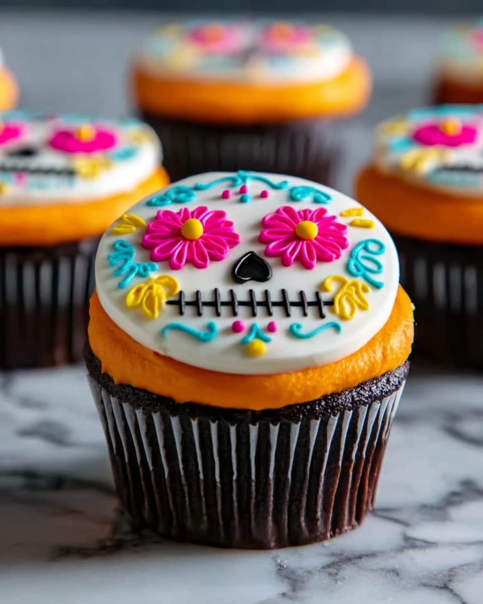 A dark brown cupcake in a white paper liner with a thick layer of smooth bright orange frosting on top. Above that is a flat, round white fondant disk decorated like a skull with bright pink flower shapes for eyes and yellow centers, small yellow dots above the eyes, small black details for the nose and mouth, and turquoise scroll designs on the sides. The cupcake sits on a white marbled surface with more similar cupcakes blurred in the background. Photo taken with an iphone --ar 4:5 --v 7