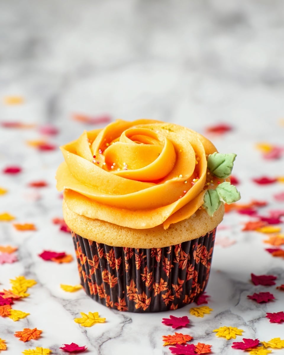 A single cupcake with a light golden base wrapped in a dark brown liner with small orange and red leaf patterns, topped with smooth orange frosting swirled in a rose shape, and a small green leaf made of frosting on the side near the top. The cupcake sits on a white marbled surface scattered with small, colorful leaf-shaped confetti in red, yellow, and orange. photo taken with an iphone --ar 4:5 --v 7