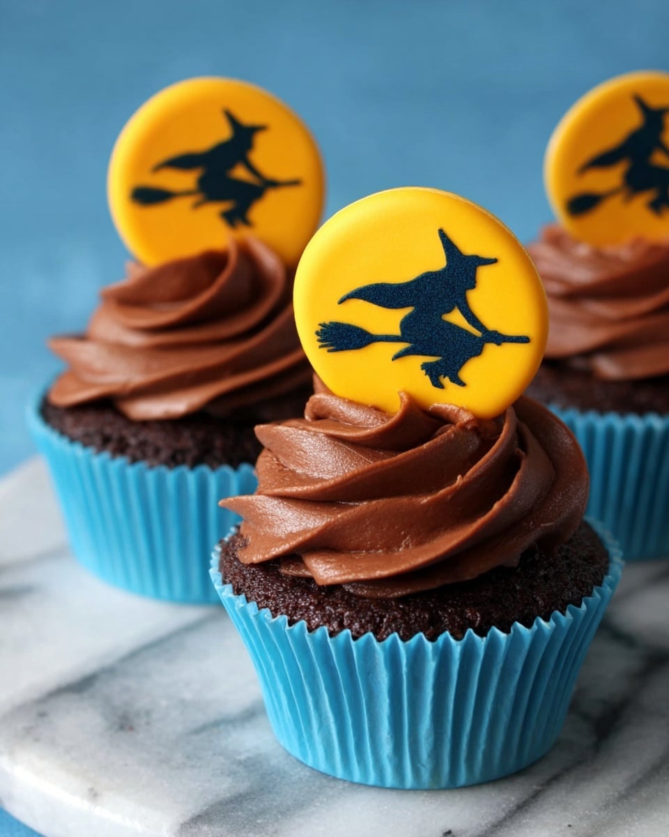 Three chocolate cupcakes sit in blue paper liners on a white marbled surface with some white cotton-like decoration around them. Each cupcake has one layer of smooth chocolate frosting swirled thickly on top in a spiral. Stuck into the frosting on each cupcake is a round yellow cookie with black silhouette designs of a witch on a broom and bats. The background is bright blue and the cupcakes are shown close-up. photo taken with an iphone --ar 4:5 --v 7