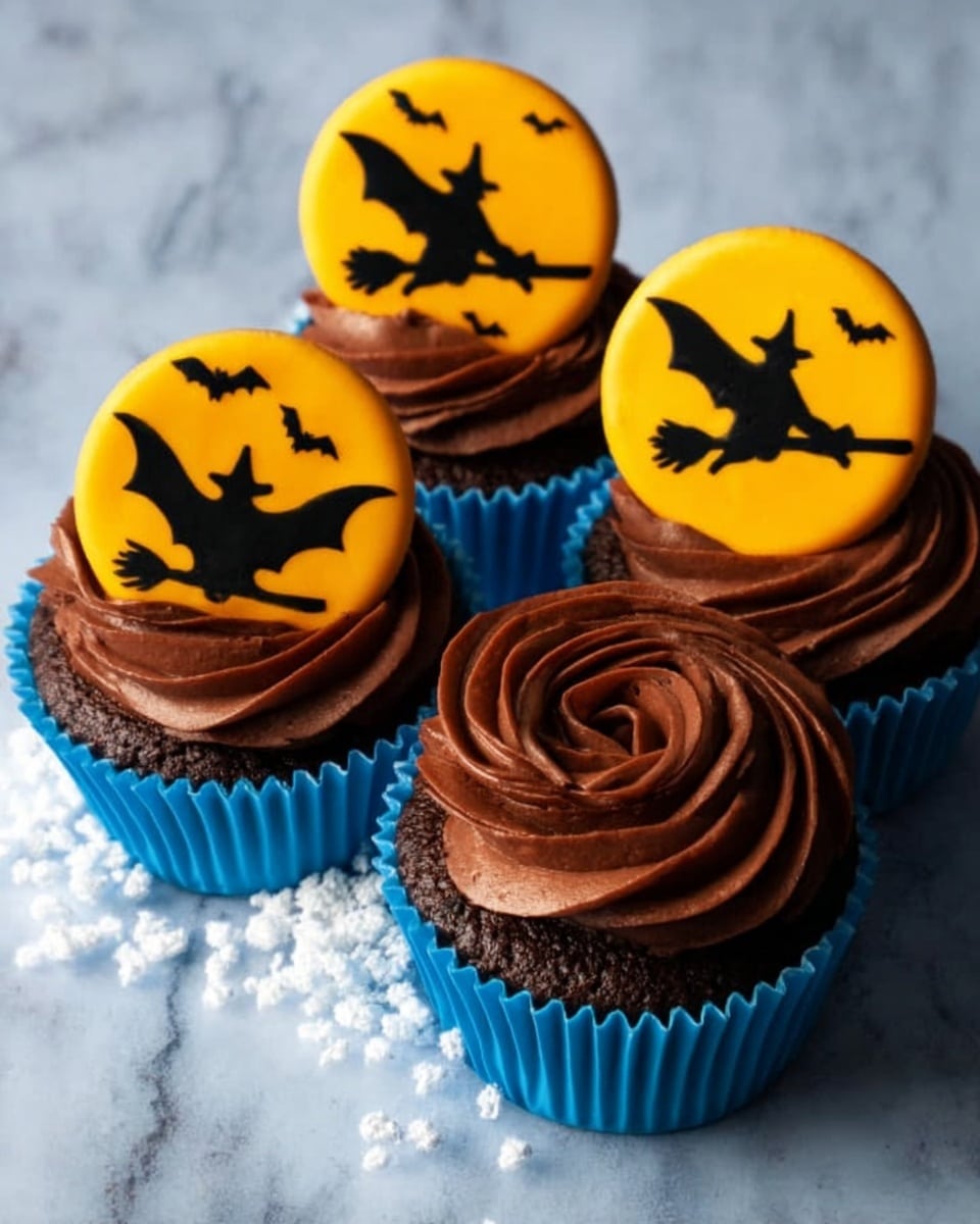 Three chocolate cupcakes sit on a white marbled surface with a soft, cloudy white decoration underneath. Each cupcake is wrapped in a blue paper liner and topped with a swirl of rich, smooth chocolate frosting. On top of the frosting, there is a round, bright orange cookie decorated with a small black Halloween-themed silhouette: one has a witch on a broomstick, another shows a bat, and the last one features a spooky tree. The background is a clear sky blue, making the orange and chocolate colors stand out. photo taken with an iphone --ar 4:5 --v 7