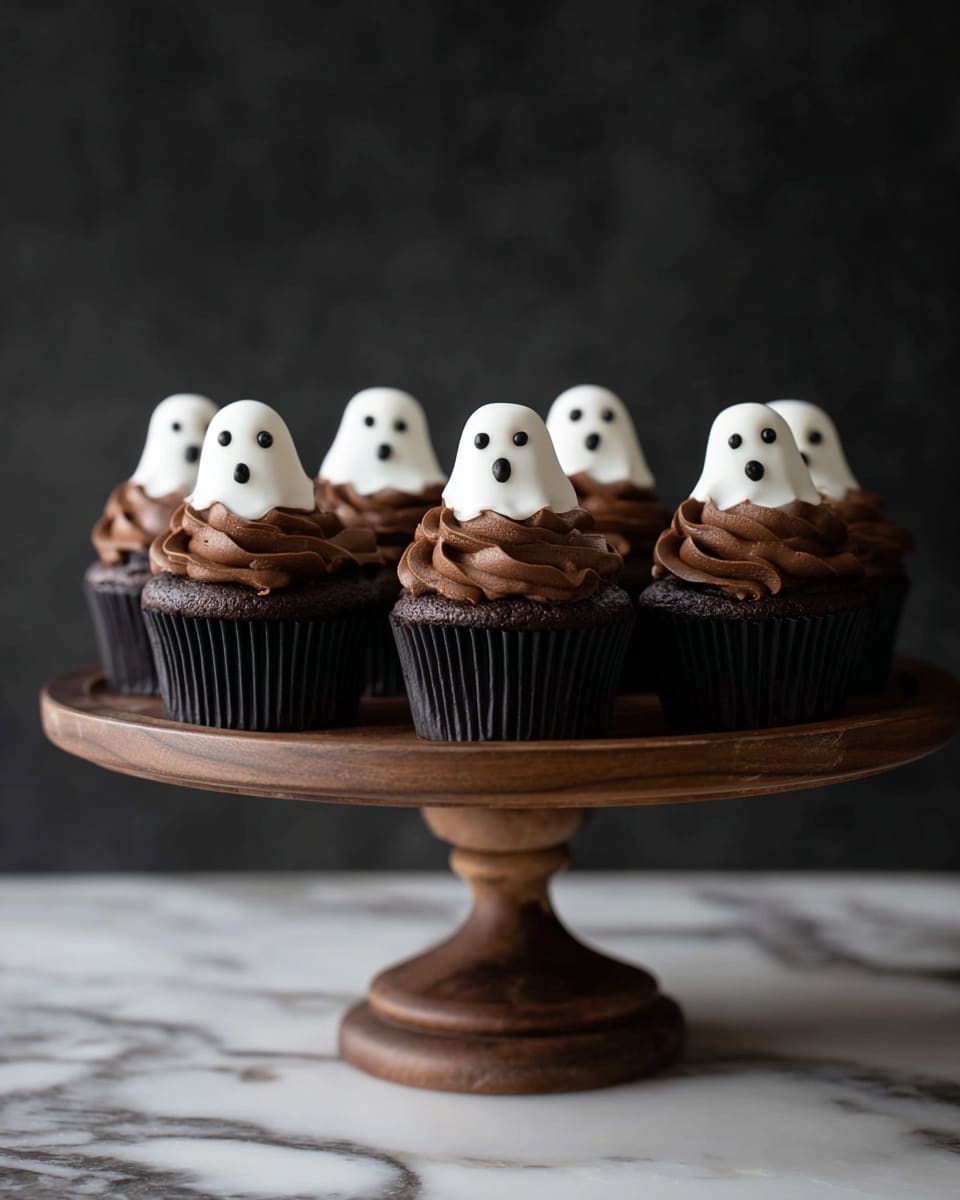 The image shows multiple chocolate cupcakes, each with three visible layers. The bottom layer is a dark brown chocolate cupcake base. On top of this is a thick swirl of rich, smooth dark chocolate frosting with a shiny texture. The final layer is a white marshmallow shaped like a ghost, placed on top of the frosting, with small black and white candy eyes and a small black mouth to look like a surprised ghost. The cupcakes are set on a dark surface but should be imagined on a white marbled texture, photo taken with an iphone --ar 4:5 --v 7
