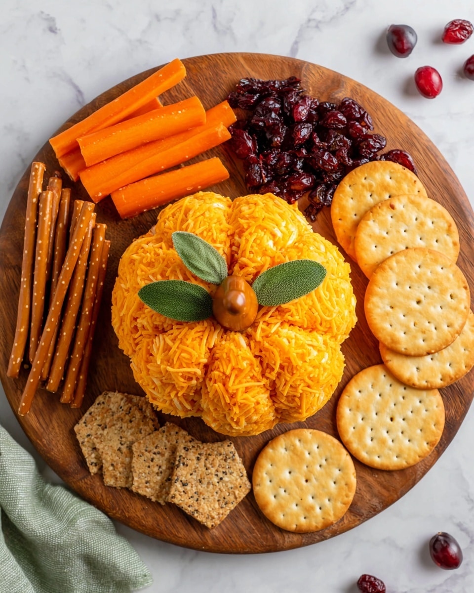 The image shows a round, orange cheese ball shaped like a pumpkin with a rough texture and shredded cheese on top. It has a pretzel stick as a stem in the center, with two green leaves on either side of the stem. A knife is scooping a portion from the front of the cheese ball. Surrounding the cheese ball are long orange carrot sticks at the bottom left and pretzel sticks mixed with dark dried cranberries around the sides. The dish is placed on a white marbled surface. photo taken with an iphone --ar 4:5 --v 7