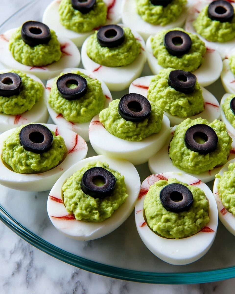 A white boiled egg half sits on a white marbled surface, topped with a bright green mashed layer of avocado spread evenly across the yolk area. On top of the avocado mash, there is a single dark black olive slice placed in the center. The egg white is smooth and firm, with small red streaks visible on its surface. photo taken with an iphone --ar 4:5 --v 7