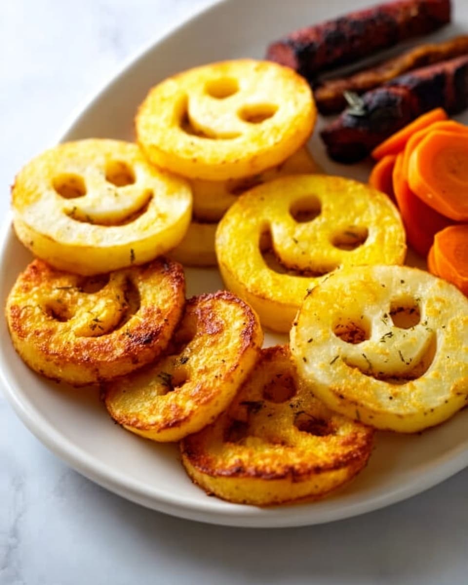 The image shows a white marbled surface with thin slices of orange and pale yellow vegetables shaped like Halloween pumpkins and ghosts. The pumpkins have triangle eyes and wide smiles carved out, while the ghosts have two round holes for eyes and a larger curved shape for the mouth area. Next to these slices are two long, thin orange carrots with fresh green tops, placed vertically on the right side. The colors are bright and the texture of the vegetables looks crisp. photo taken with an iphone --ar 4:5 --v 7