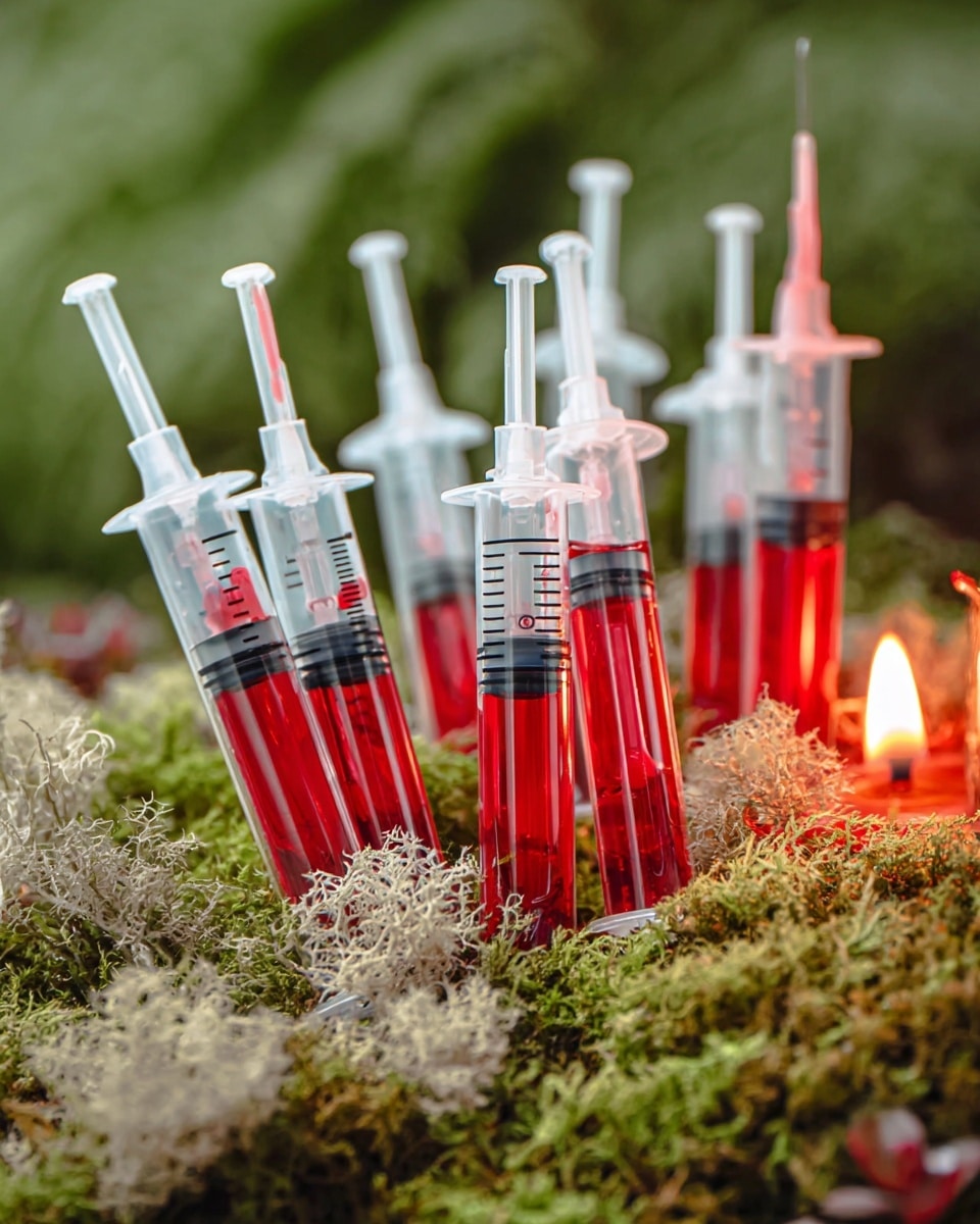 A syringe filled with a bright red glossy liquid is releasing the liquid onto a white plate, forming a thick, uneven puddle with a shiny texture. The plate rests on a white marbled surface scattered with patches of green moss and light dried plant strands, giving a natural, forest-like feel around the dish. The red liquid appears vibrant and slightly translucent with a smooth surface. photo taken with an iphone --ar 4:5 --v 7