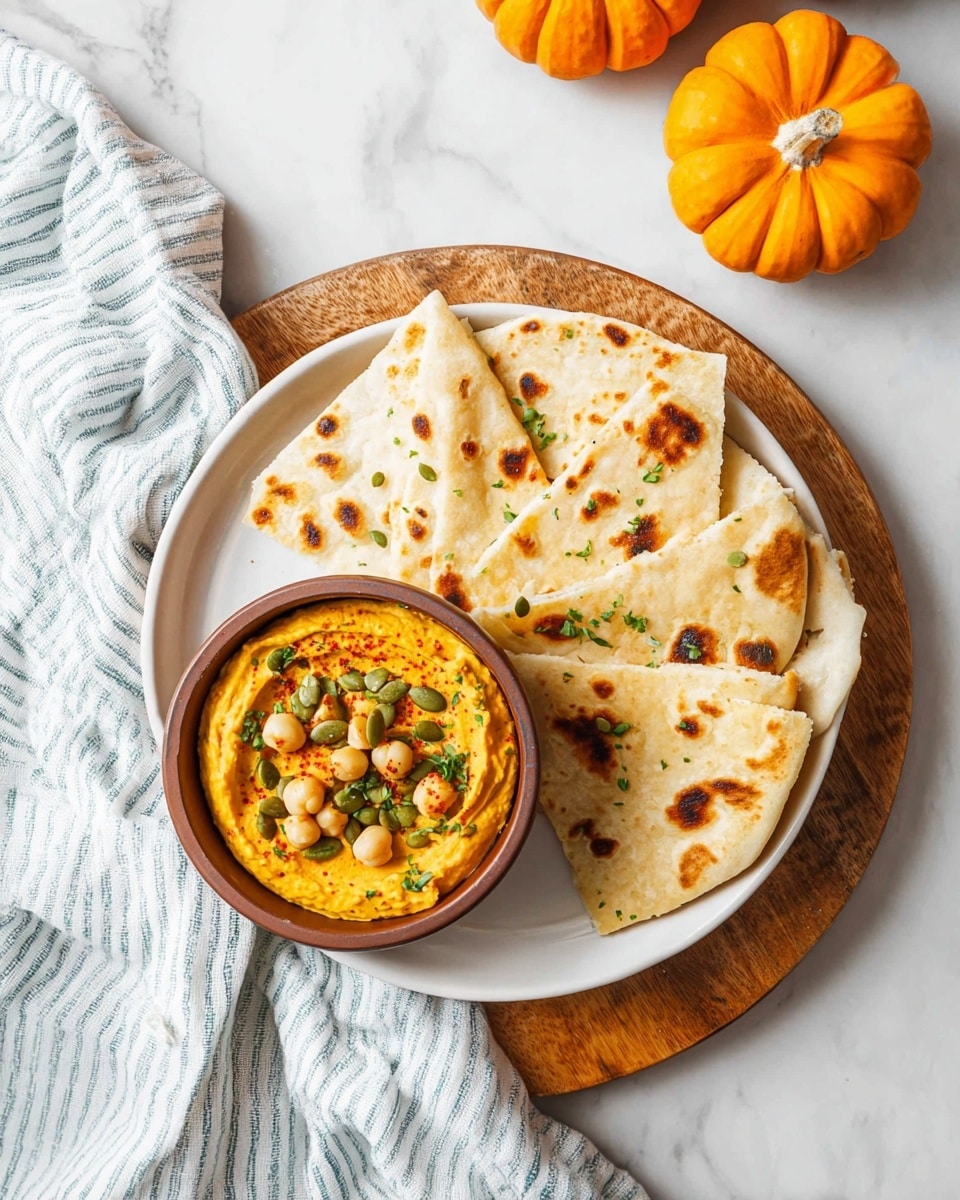 A white round plate shows a smooth layer of bright orange hummus spread in a circle, with a slight scoop in the middle. On one side of the hummus, there is a diagonal line of chickpeas, green pumpkin seeds, and small green herb leaves scattered over the top. Behind the plate, there is a white bowl lined with brown paper holding folded flatbreads with light golden brown spots. To the right of the bowl, there is a brown bowl filled with more orange hummus topped with chickpeas and green herbs. In the front, two small bright orange pumpkins sit on a white marbled surface with a soft white and blue striped cloth partly under the plate. The scene has soft, natural light. photo taken with an iphone --ar 4:5 --v 7