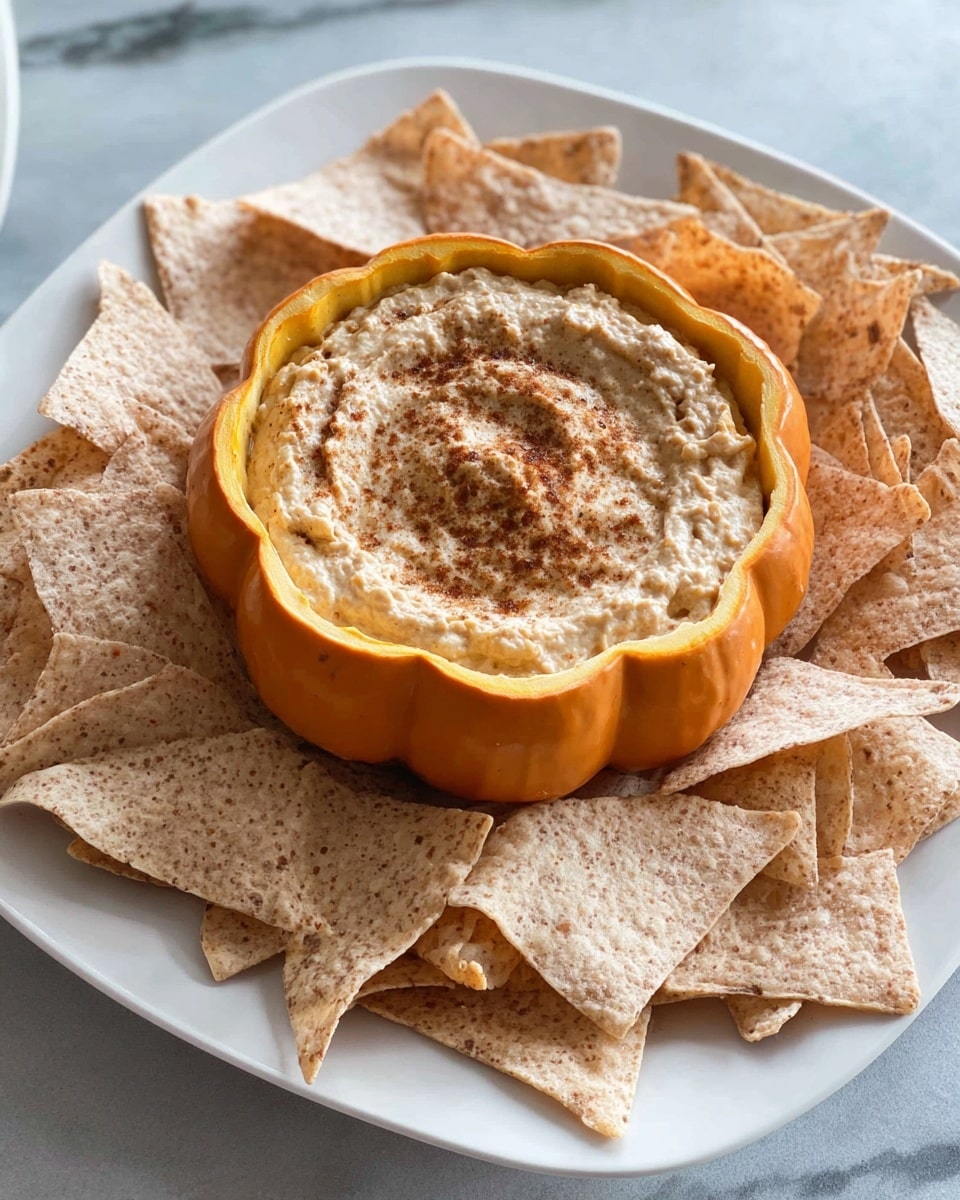 A white plate holds a small scalloped orange pumpkin bowl in the center, filled with a creamy, light brown dip sprinkled with darker brown spices on top. Around the pumpkin, there is a layer of tan-colored tortilla chips scattered unevenly, with a rough texture and some darker spots, all resting on a white marbled surface. The chips are triangle-shaped and layered loosely around the pumpkin bowl. photo taken with an iphone --ar 4:5 --v 7