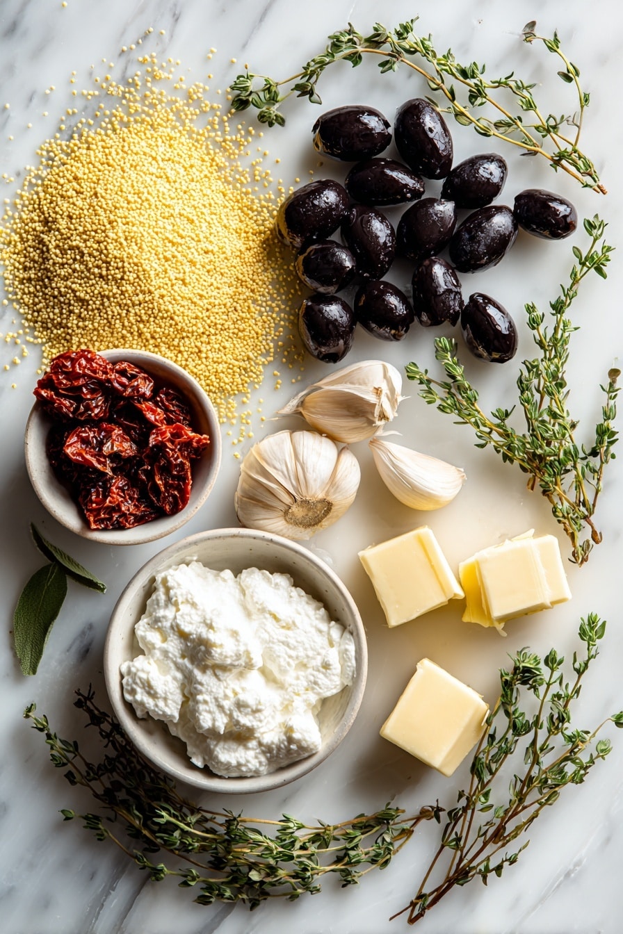 Flat lay of glossy black olives whole and sliced into thin strips and small ovals, bright sun-dried tomatoes with a deep red color and slightly wrinkled texture, fresh green thyme leaves scattered lightly, fluffy white ricotta cheese dolloped softly, creamy pale Greek yogurt beside it, smooth garlic cloves with papery skins partially peeled, a small pile of golden millet flour grains, and pale yellow cubes of cold unsalted butter, all beautifully arranged with natural spacing and gentle shadows, placed on white marbled surface, photo taken with an iphone --ar 2:3 --v 7 - Halloween Jack Skellington Ricotta Olive Tarts, festive Halloween tart ideas, spooky Halloween appetizers, gluten-free Halloween snacks, cute Halloween party treats