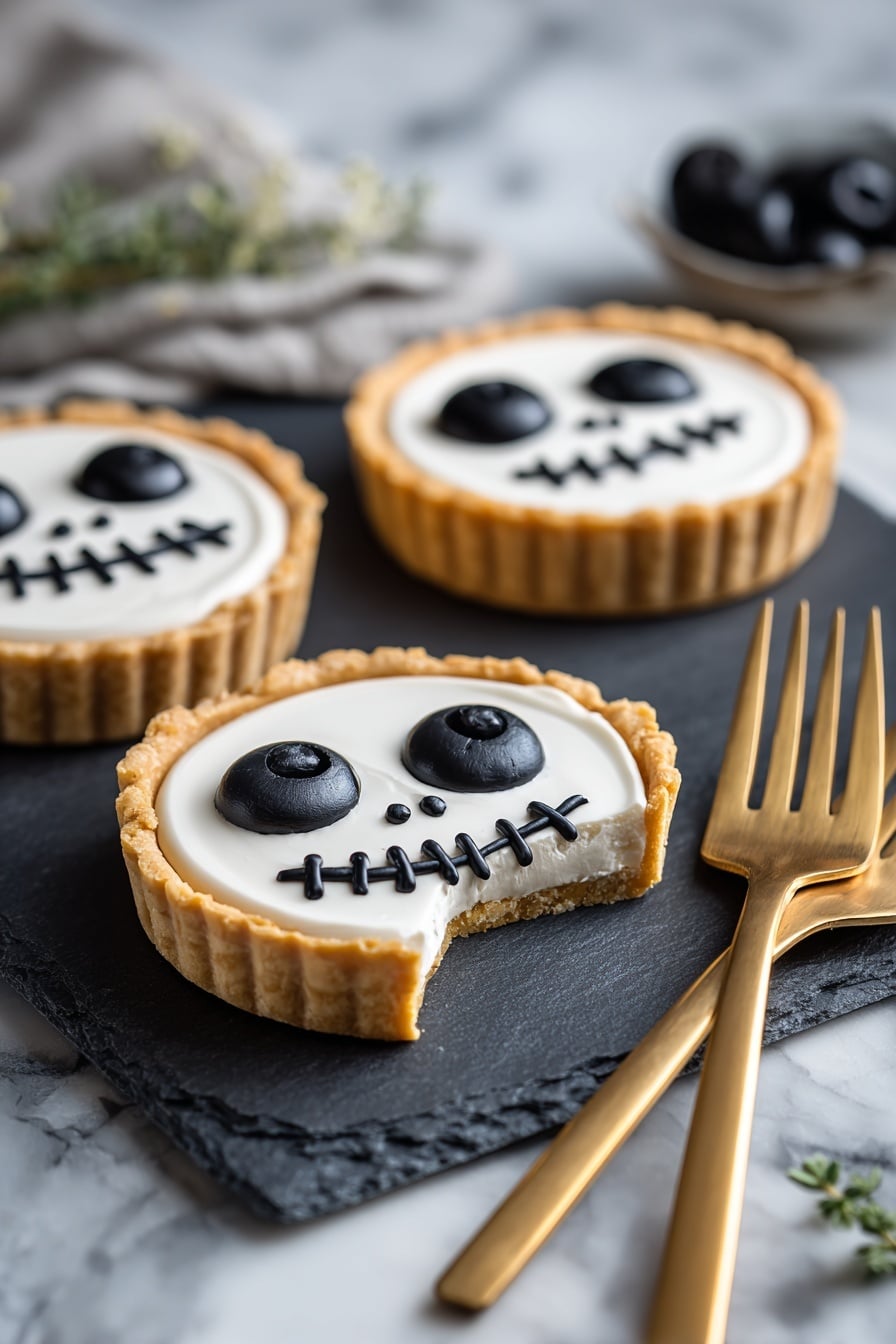 The image shows small tarts placed on a dark slate serving board set on a white marbled surface. Each tart has a golden-brown crust, filled with a smooth white filling that is decorated to look like a simple ghost face with black olive pieces for eyes and small black thin pieces for the mouth. One tart is sliced, and a slice with the same face design is slightly pulled out from the tart, showing the white filling over a darker bottom layer inside the crust. Behind the tarts, there are two gold forks placed on the right side. The background has a soft blur with some green herbs for decoration. Photo taken with an iphone --ar 2:3 --v 7 - Halloween Jack Skellington Ricotta Olive Tarts, festive Halloween tart ideas, spooky Halloween appetizers, gluten-free Halloween snacks, cute Halloween party treats