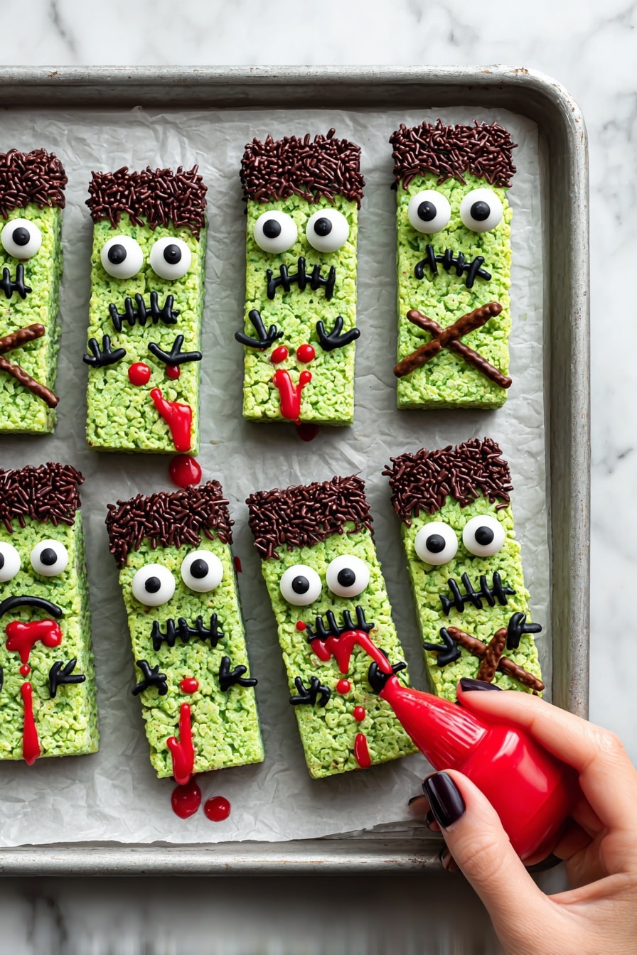 The image shows a green rice cereal treat shaped like Frankenstein's monster with three distinct layers and details. The bottom layer is bright green puffed rice forming the rectangle face. On each side, small brown peanut butter cups resemble bolts sticking out. The top layer is dark chocolate frosting covered with chocolate sprinkles forming the hair, which sits on the green base and drips a little red icing to look like blood on one side. The face includes two round white candy eyes with black dots and a black icing mouth with a smiling shape, and two black icing X shapes on one side, representing stitches. It stands on crumpled white parchment paper with a white marbled background, near a glass container with a blue liquid. photo taken with an iphone --ar 2:3 --v 7 - Halloween Rice Krispies Treats, spooky Rice Krispies treats, easy Halloween snacks, kid-friendly Halloween desserts, festive Rice Krispies treats