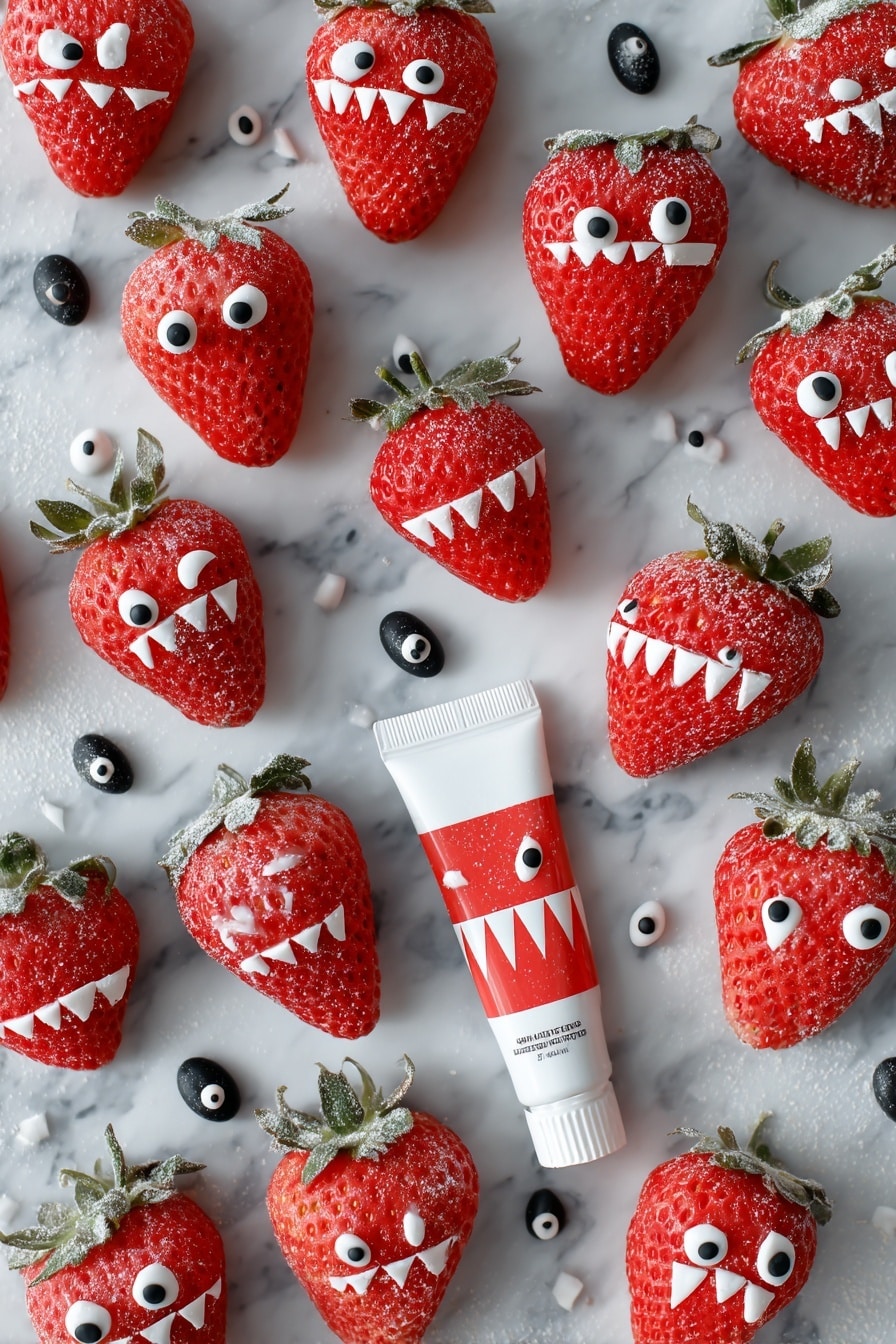 Flat lay of a dozen ripe strawberries with bright red color and green leafy tops, small smooth black fondant ovals, delicate white fondant triangles resembling tiny teeth, soft white powdered icing sugar dusted lightly around, small white candy eyes with black centers scattered naturally, and a tube of white writing icing with a glossy finish, all beautifully arranged in an inviting, playful manner, placed on white marbled surface, photo taken with an iphone --ar 2:3 --v 7 - Halloween Strawberry Monsters, spooky Halloween party treats, easy Halloween dessert ideas, fun kids Halloween snacks, creepy edible strawberries