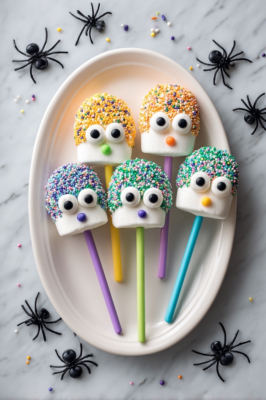 The image shows a white oval plate with five large marshmallows on colorful sticks. Each marshmallow has three candy eyes made from yellow or green circles with black dots in the center, and a small round candy nose of different colors like blue, green, or orange. The bottom half of each marshmallow is covered in smooth colored icing in yellow, orange, or green with sprinkles on the edge where the icing meets the marshmallow. The sticks are bright colors such as purple, yellow, and green. Small black plastic spiders and extra candy eyes are scattered on the white marbled surface around the plate. photo taken with an iphone --ar 2:3 --v 7 - Halloween Marshmallow Pops, Halloween Marshmallow Pops Recipe, spooky marshmallow treats, easy Halloween treats, festive marshmallow snacks