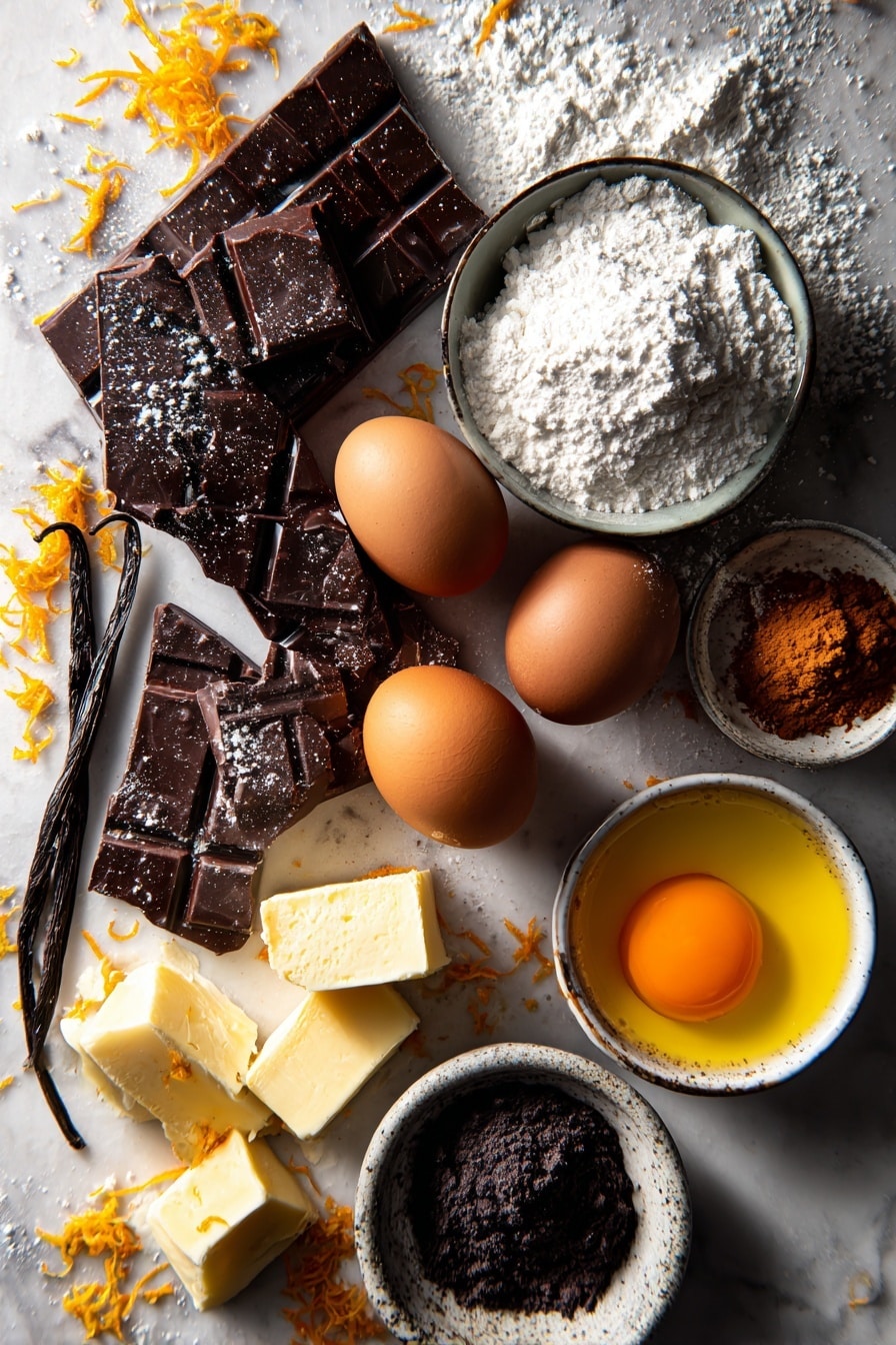 Flat lay of rich dark chocolate chunks, smooth unsalted butter sticks, bright orange zest, whole large brown eggs and cracked eggshells revealing glossy yolks, fine white powdered sugar piled softly, fresh vanilla bean pods, glossy heavy cream in a small glass pour, and a small bowl of vibrant black and bright orange natural food color gels, all beautifully arranged with contrasting textures and colors—deep browns, creamy whites, and bright oranges—placed on white marbled surface, photo taken with an iphone --ar 2:3 --v 7 - Halloween Birthday Cake, Spooky Celebration Cake, Chocolate and Orange Birthday Cake, Easy Halloween Party Cake, Festive Halloween Dessert