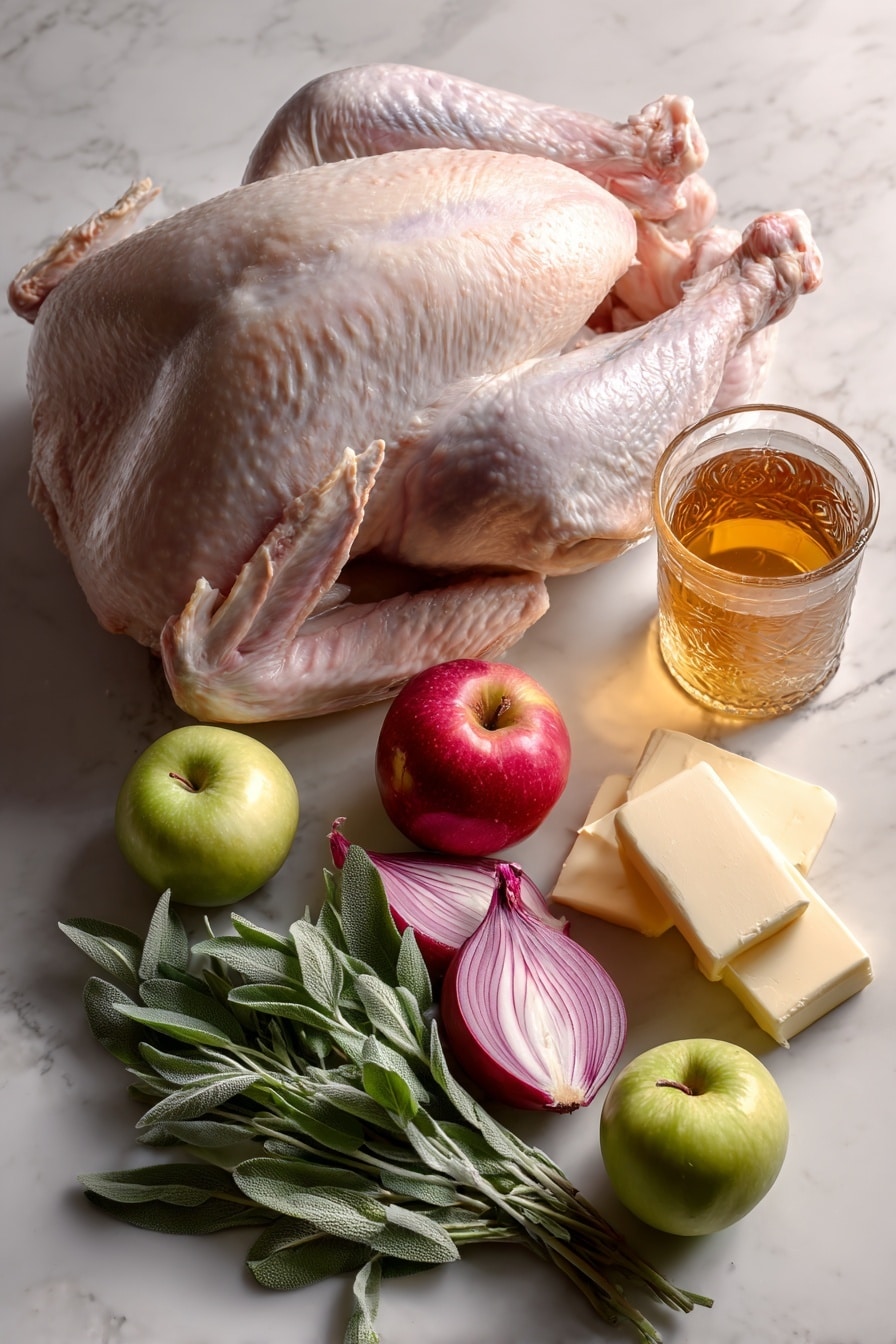 Flat lay of a whole fresh turkey with smooth, pale skin, two halved crisp red and green apples revealing their juicy, white interiors, large sweet onion quarters with glossy purple-white layers, vibrant green sage leaves in a full bunch showing delicate texture, soft golden butter blocks with creamy swirls, and a rich amber glass of apple cider shimmering in the light, all naturally arranged with a mix of clustered and scattered placement to highlight their fresh textures and colors, placed on white marbled surface, photo taken with an iphone --ar 2:3 --v 7 - Apple Cider Glazed Turkey, turkey with apple cider glaze, holiday turkey recipe, juicy roasted turkey, flavorful turkey with gravy