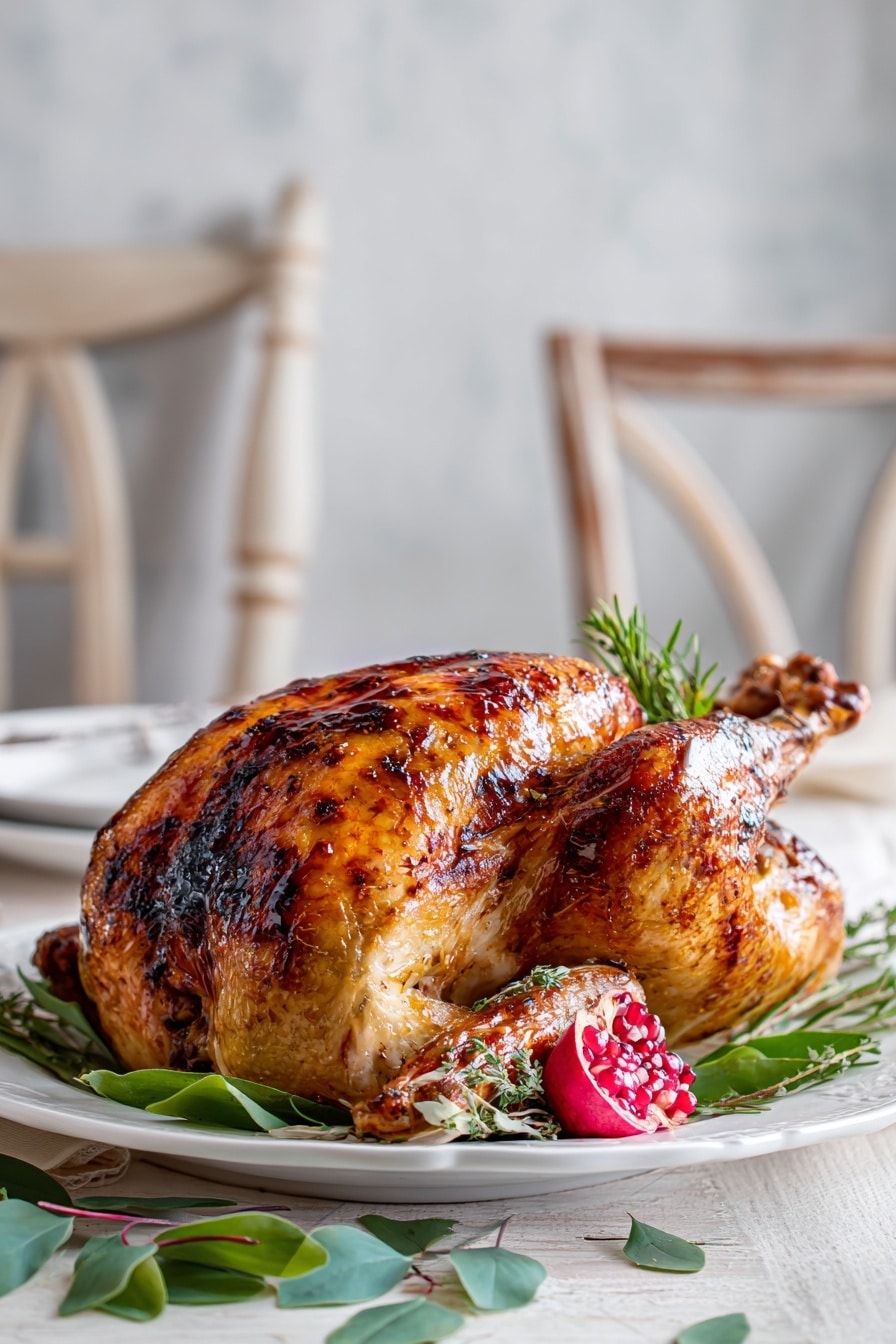 A whole roasted turkey with a nicely browned and shiny skin sits on a white plate, garnished with green leaves and a red pomegranate placed near the side. The turkey has a darker, crispy texture on the top and a golden-brown color all around, with the leg tied with string and some herbs placed near it. The plate is on a table with green leaves scattered around, and in the background, there is a white chair with wooden details, slightly out of focus. Photo taken with an iphone --ar 2:3 --v 7 - Apple Cider Glazed Turkey, turkey with apple cider glaze, holiday turkey recipe, juicy roasted turkey, flavorful turkey with gravy