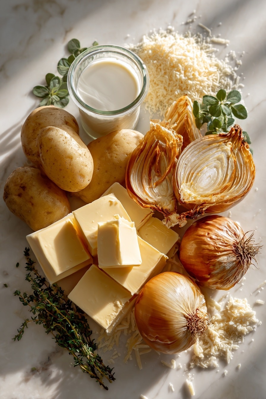 Flat lay of thinly sliced golden sweet onions with rich amber caramelized edges, whole russet and Yukon gold potatoes showing their creamy yellow and light brown skins, several cubes of pale yellow unsalted butter, a small mound of freshly grated pale ivory Gruyere cheese with a slightly crumbly texture, a glass container of thick white heavy cream, and a few sprigs of fresh green herbs scattered naturally, all arranged with soft natural light highlighting the warm colors and varied textures, placed on white marbled surface, photo taken with an iphone --ar 2:3 --v 7 - French Onion Mashed Potatoes, caramelized onion mashed potatoes, creamy onion mashed potatoes, gourmet mashed potato sides, cheesy onion mashed potatoes