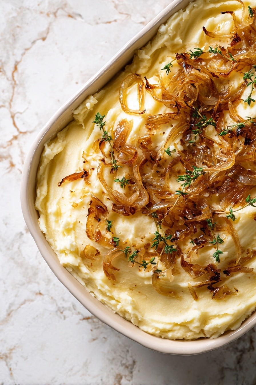 A close-up image of a dish showing a creamy, pale yellow mashed potato base with a smooth and fluffy texture, topped with a layer of golden-brown caramelized onions that have a slightly glossy and soft appearance. The onions are spread unevenly on the top, creating a contrast between the light potato layer and the deeper, rich brown color of the onions. The background features a white marbled texture. Photo taken with an iphone --ar 2:3 --v 7 - French Onion Mashed Potatoes, caramelized onion mashed potatoes, creamy onion mashed potatoes, gourmet mashed potato sides, cheesy onion mashed potatoes
