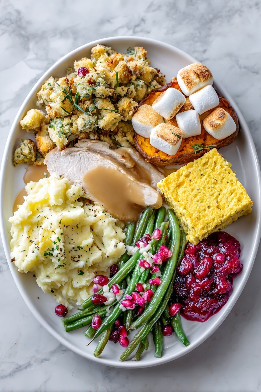 A white round plate holds a full meal with seven different parts arranged in sections. Starting from the bottom left, there is a creamy light yellow mashed potato mound with some green herbs mixed in, topped with smooth brown gravy pooling in the center and some black pepper sprinkled over. Below that is a slice of cooked turkey covered partially by more gravy, light brown in color with a textured surface. Above the mashed potatoes is a serving of golden brown stuffing with chunks of bread and herbs mixed, showing a rough crumbly texture. Next to that on the right is a sweet potato half topped with small white toasted marshmallows, soft and browned on top, sitting upright. Beside it, a glossy dark red cranberry sauce adds a shiny splash of color. Above the cranberry sauce, green beans mixed with red pomegranate seeds and fluffy white bits of cheese create a colorful, fresh-looking cluster of ingredients. To the right, a square piece of golden baked cornbread with a slightly crumbly texture has a dollop of pink butter on top. Finally, at the bottom right is a serving of creamy green spinach casserole with bits of bacon, showing a thick and mixed texture. The plate sits on a white marbled surface. Photo taken with an iphone --ar 2:3 --v 7 - Manchego Whipped Potatoes, creamy mashed potatoes with Manchego cheese, elegant potato side dish, nutty cheese mashed potatoes, gourmet mashed potato recipe