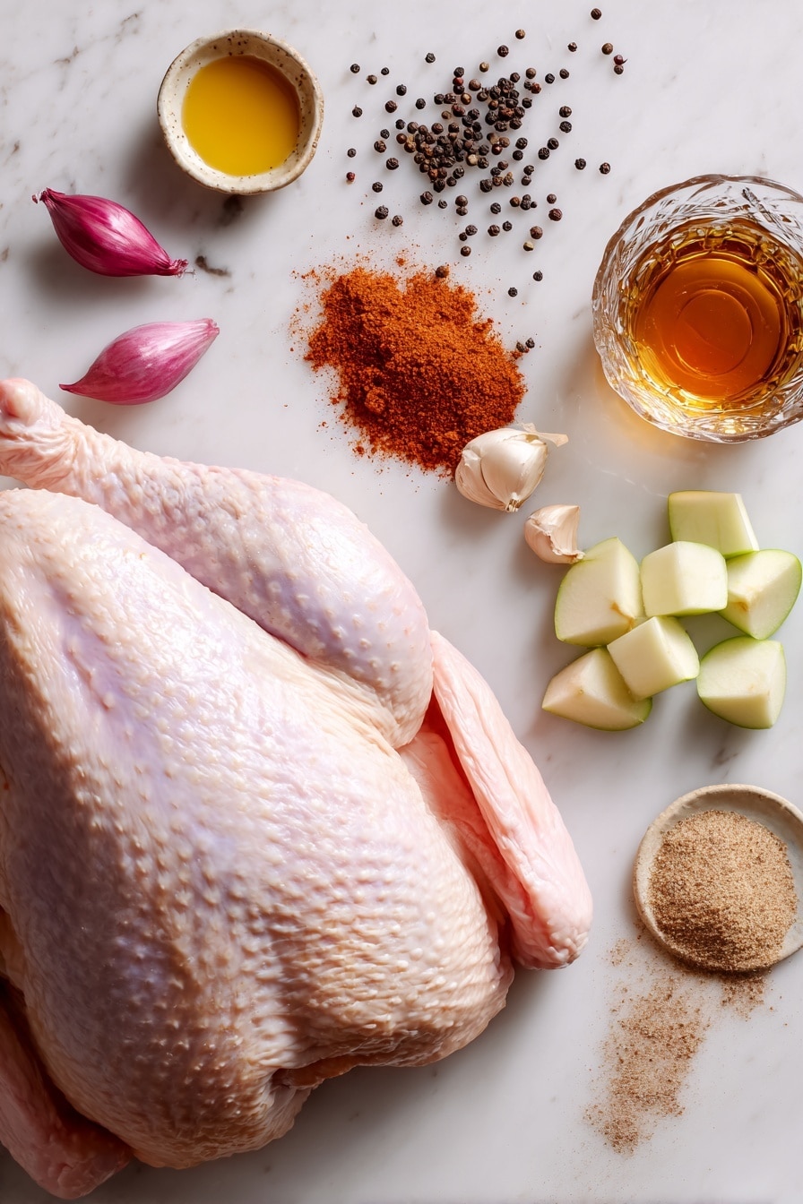 Flat lay of a large raw turkey breast with pale pink skin and smooth texture, whole black peppercorns scattered nearby in glossy black spheres, a small pile of smoky reddish-brown smoked paprika powder, vibrant orange-brown chipotle chili powder, peeled and halved shallots showing their purple-white layers, a small crisp green apple diced to reveal fresh white flesh, a few fresh garlic cloves with smooth off-white skin, a small pat of golden melted butter glistening slightly, and a glass of rich amber bourbon reflecting warm light, all beautifully arranged with natural spacing and balance, placed on white marbled surface, photo taken with an iphone --ar 2:3 --v 7 - Applewood Smoked Turkey Breast with Cider Bourbon Gravy, smoked turkey breast recipe, holiday turkey with bourbon gravy, flavorful turkey breast, smoky turkey roast