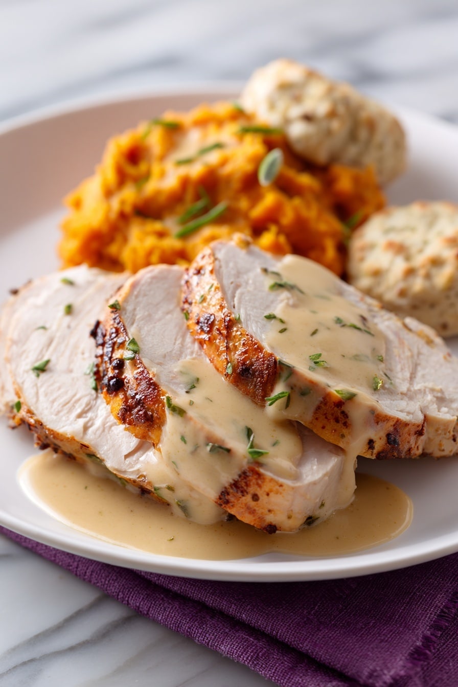 The image shows a cooked bird with a dark golden-brown crispy skin on top, revealing layers of tender white meat inside. Several thin slices lie stacked closely in front, showing the light color and juicy texture, with the bottom slice lying flat on a white marbled surface. The browned skin contrasts with the white meat underneath, highlighting the moistness and slight char. Photo taken with an iphone --ar 2:3 --v 7 - Applewood Smoked Turkey Breast with Cider Bourbon Gravy, smoked turkey breast recipe, holiday turkey with bourbon gravy, flavorful turkey breast, smoky turkey roast