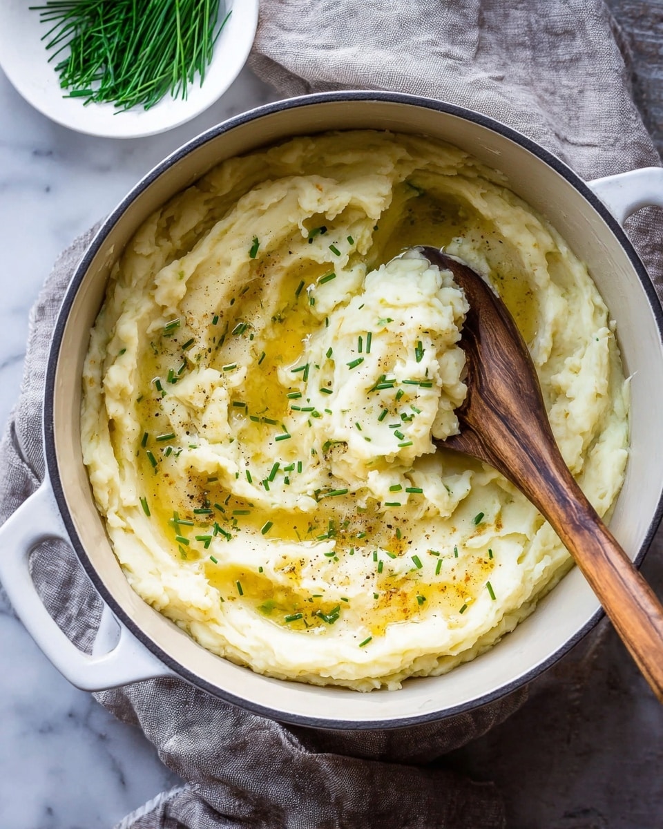 A large white pot filled with creamy mashed potatoes that have a smooth, slightly lumpy texture and are light yellow in color. The potatoes are swirled with melted butter creating shiny patches on top and are sprinkled with small pieces of green chives and some black pepper. A wooden spoon is scooping up a portion from the center, showing the soft and fluffy consistency. In the background, there is a white bowl containing more fresh green chives on a white marbled surface partially covered by a light gray cloth. Photo taken with an iphone --ar 4:5 --v 7
