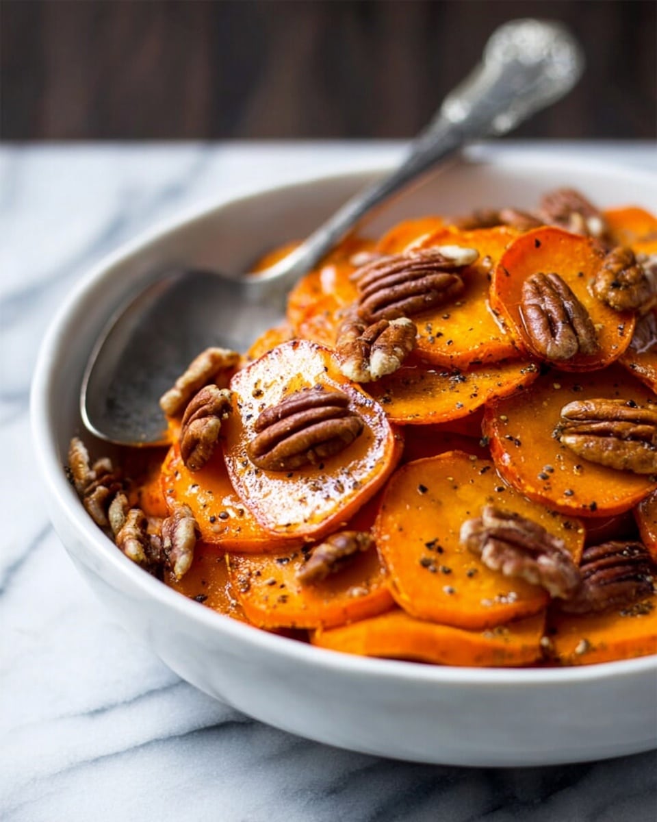 A white bowl filled with several layers of bright orange sweet potato slices, each slice showing a smooth, slightly glossy texture with some black pepper specks on top. Mixed evenly among the sweet potato layers are whole, medium brown pecans with a textured, ridged surface. A silver spoon rests at the back edge inside the bowl. The bowl sits on a white marbled surface. photo taken with an iphone --ar 4:5 --v 7