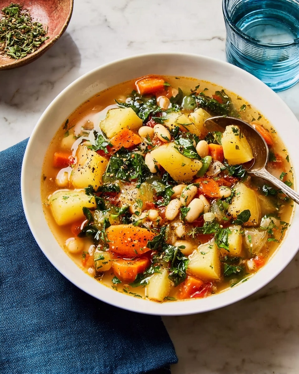 The image shows two white bowls filled with a vegetable soup placed on a brown wooden surface. Each bowl has a mix of different visible ingredients arranged in layers: on the bottom is a clear light broth, followed by chunks of yellow potatoes, pieces of orange carrots, white beans, small bits of green kale, and some cauliflower pieces scattered on top. The soup is sprinkled lightly with black pepper and fresh herbs. Each bowl has a silver spoon resting inside. Next to the bowls, there is a glass of water with bubbles and a wooden pepper grinder also on the wooden surface. A teal cloth napkin is partially visible under one of the bowls. photo taken with an iphone --ar 4:5 --v 7