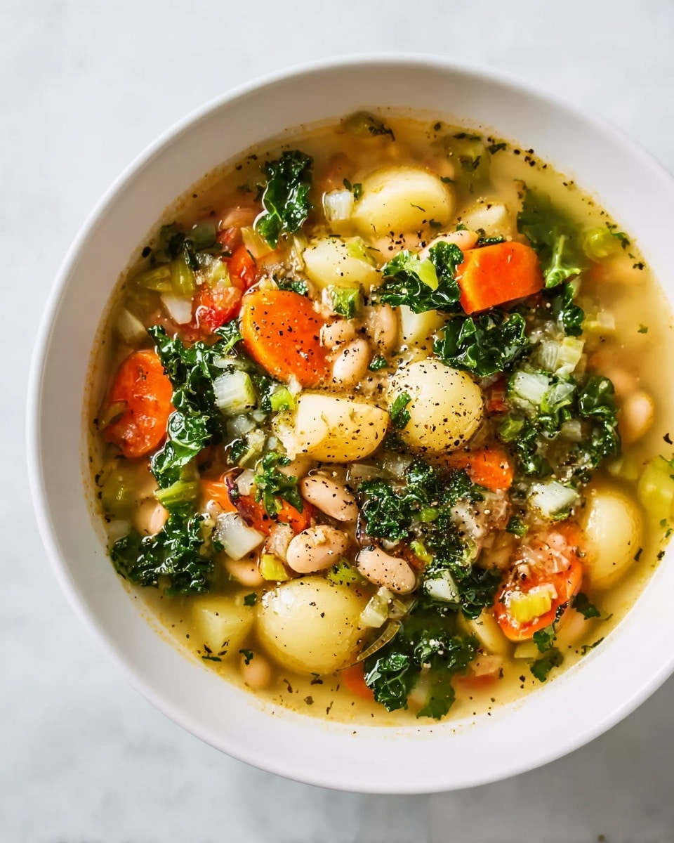 A white bowl filled with a colorful vegetable soup showing three main layers: the bottom layer is a light broth with bits of herbs; the middle layer has large chunks of yellow potatoes and orange carrot slices mixed with small white beans; the top layer is green leafy herbs sprinkled across the soup with black pepper on top, a silver spoon rests inside the bowl, all placed on a white marbled surface next to a blue cloth napkin and a clear glass of water in the background photo taken with an iphone --ar 4:5 --v 7