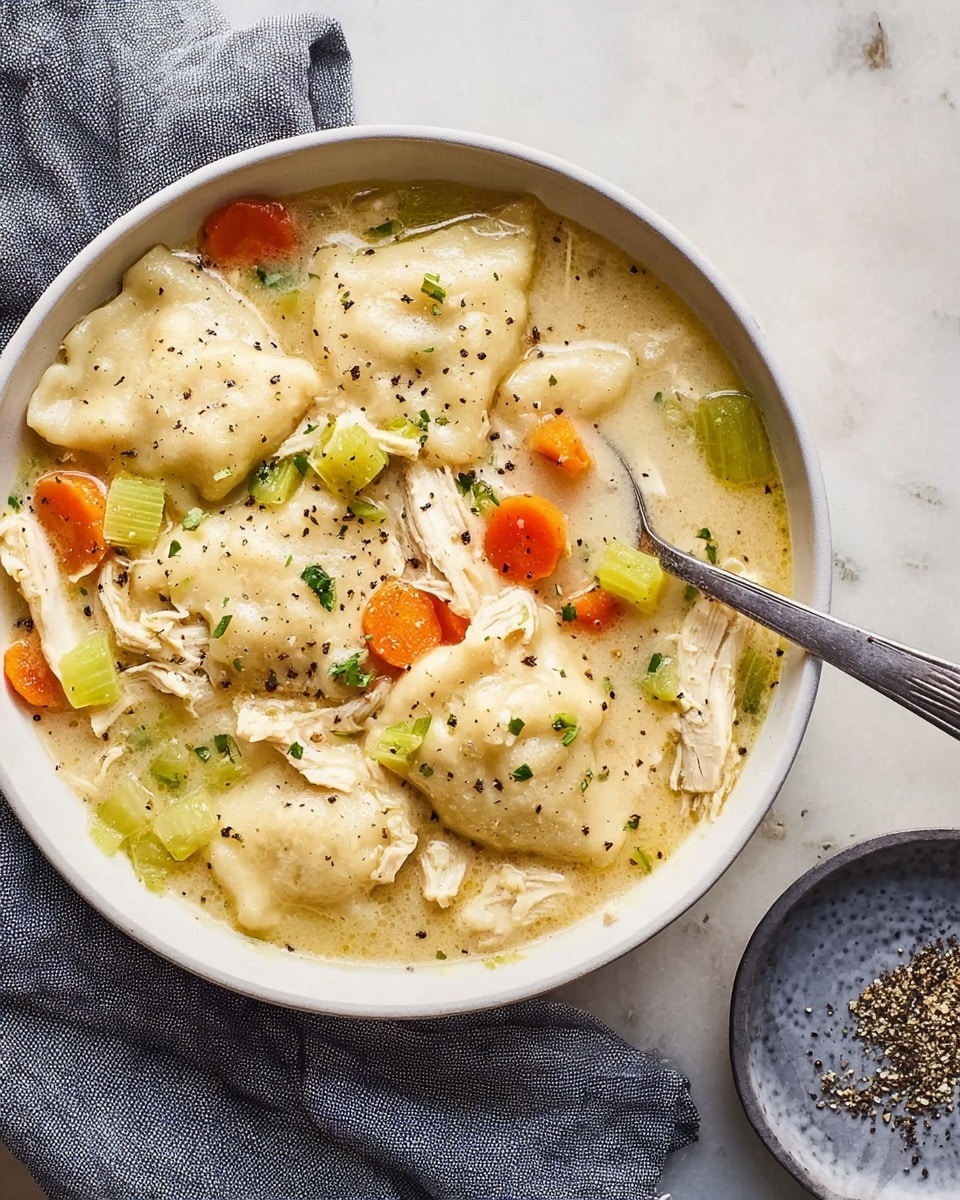 A white bowl filled with creamy chicken and dumpling soup sits on a white marbled surface. The soup has three layers: large, soft dumplings with a pale, smooth texture forming the top layer, tender shredded chicken pieces mixed throughout, and small, bright chunks of orange carrots and light green celery scattered evenly. The creamy broth has a light beige color with black pepper sprinkled over the top. A spoon is dipping into the soup along the right side of the bowl. A gray cloth is placed under the left side of the bowl, and a small gray dish with cracked black pepper sits to the right. Photo taken with an iphone --ar 4:5 --v 7