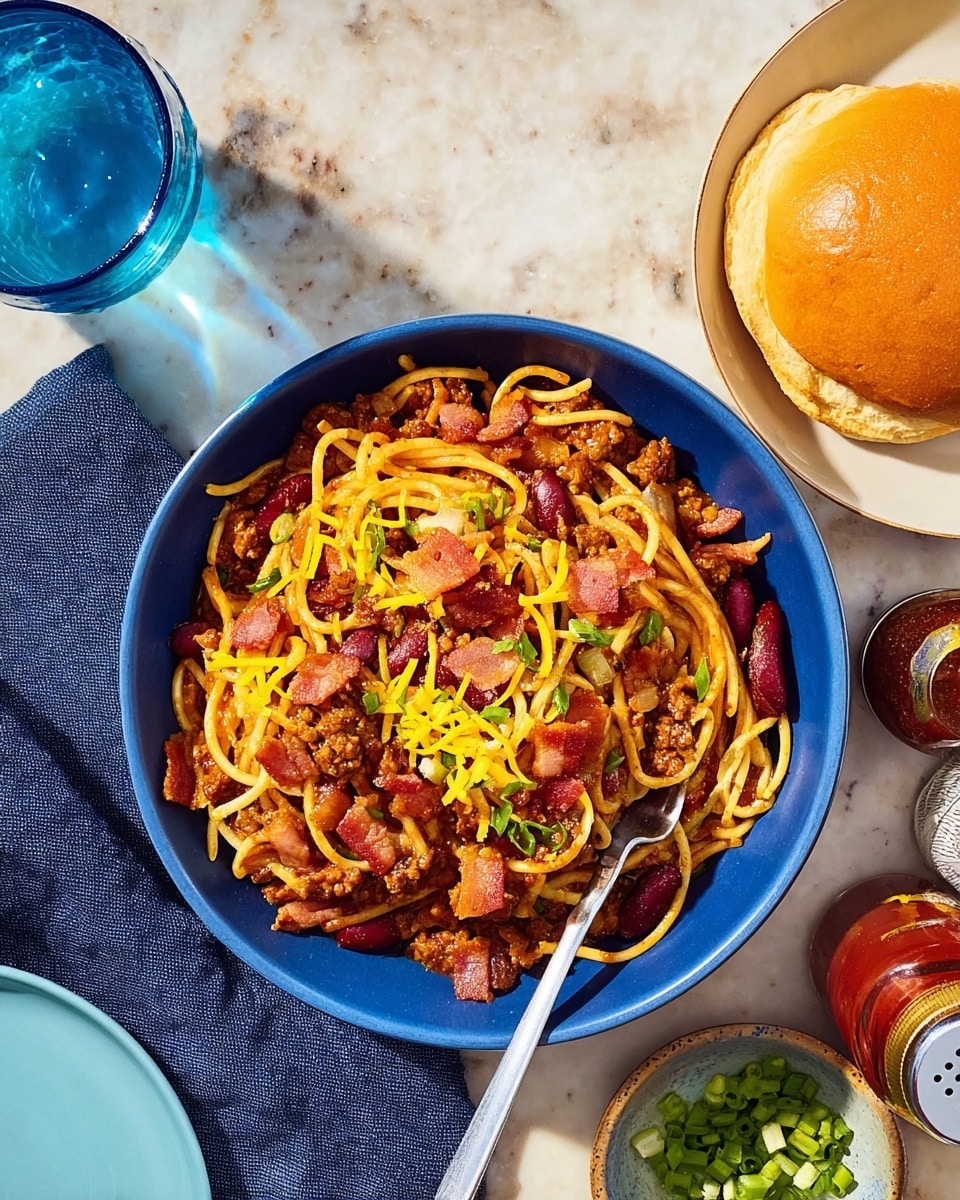A large yellow pot filled with spaghetti mixed with a rich brown meat sauce and red kidney beans sits in the center on a white marbled surface. Two wooden-handled tongs rest inside, lifting some pasta. Surrounding the pot are small white bowls: one with chopped green onions, another with crispy bacon pieces, and one with shredded cheddar cheese. Nearby, a couple of white plates stacked with silver forks and knives rest beside a small bottle of hot sauce, and a dark blue cloth napkin is placed under the pot. The entire scene is brightly lit, showing the vibrant colors and textures clearly photo taken with an iphone --ar 4:5 --v 7