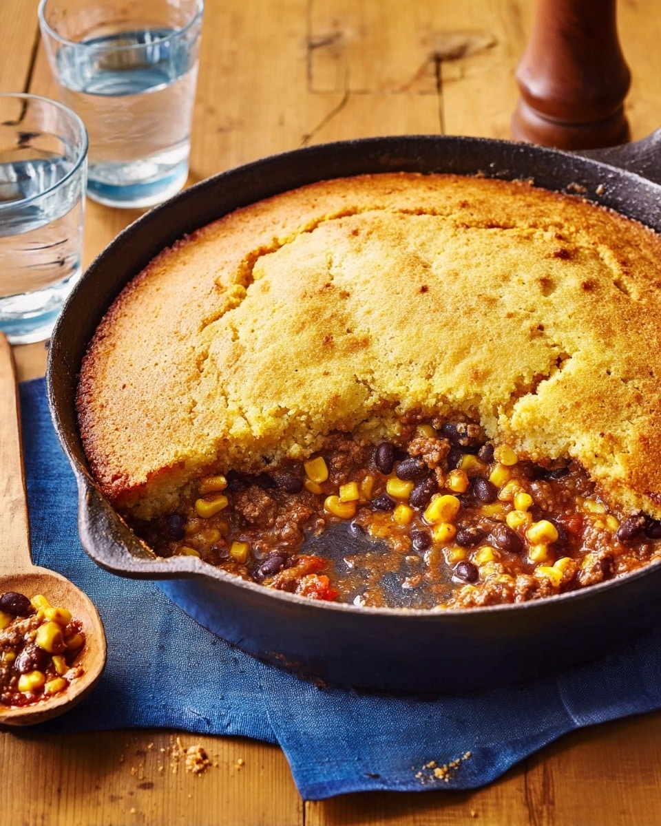 A round black cast iron pan holds a cornbread-topped dish with a golden brown crust on top that is thick and cracked slightly. Underneath the crust, the filling is visible and has three clear layers: a mix of dark brown beans and bright yellow corn scattered throughout a rich, saucy base that looks like cooked ground meat, with some red sauce visible. The pan sits on a wooden table with a blue cloth to the side, along with a wooden spoon that has some food on it. Two clear glasses of water and a brown pepper grinder are also nearby. Photo taken with an iphone --ar 4:5 --v 7