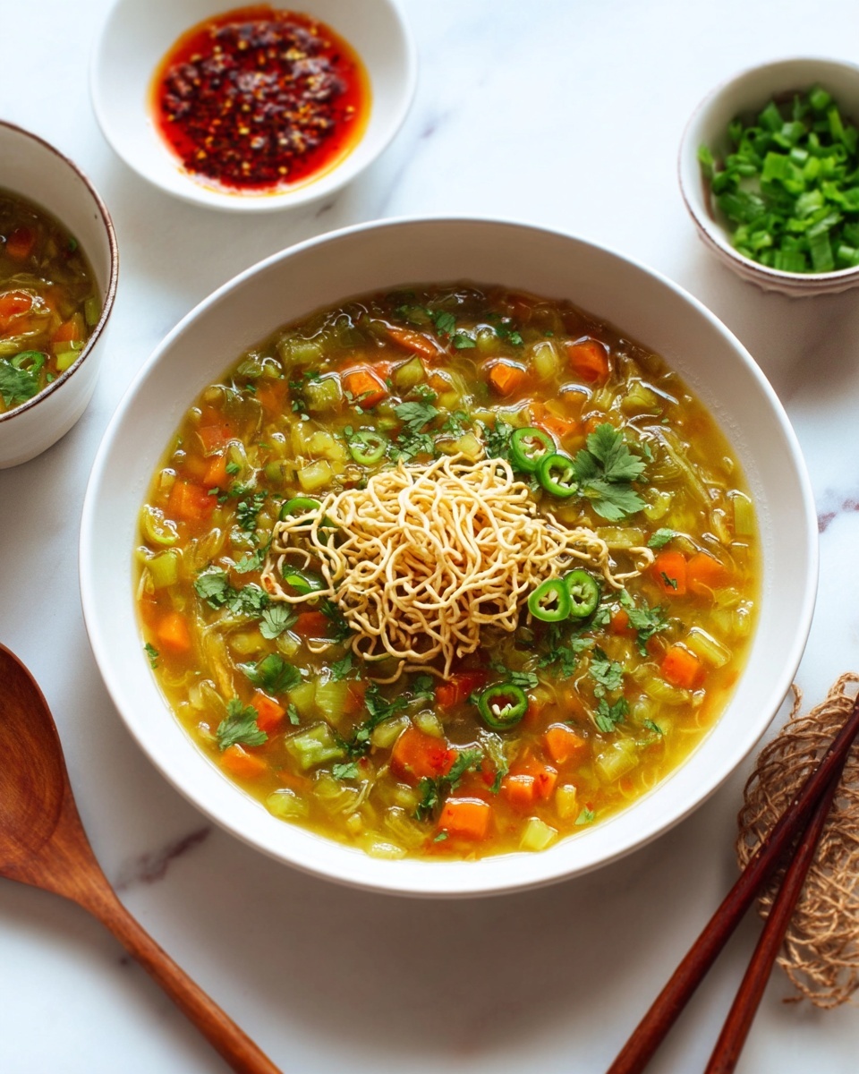 The image shows a bowl of clear vegetable soup with diced carrots, celery, and green herbs in a light broth. On top of the soup is a small pile of thin, light beige crispy noodles, scattered with green sliced chili rings and fresh cilantro leaves. The bowl is white and round, placed on a white marbled surface. To the right are two small white bowls, one with red chili oil and another with chopped green onions and cilantro. Wooden chopsticks and a wooden spoon lie nearby, creating a simple and fresh look. Photo taken with an iphone --ar 4:5 --v 7