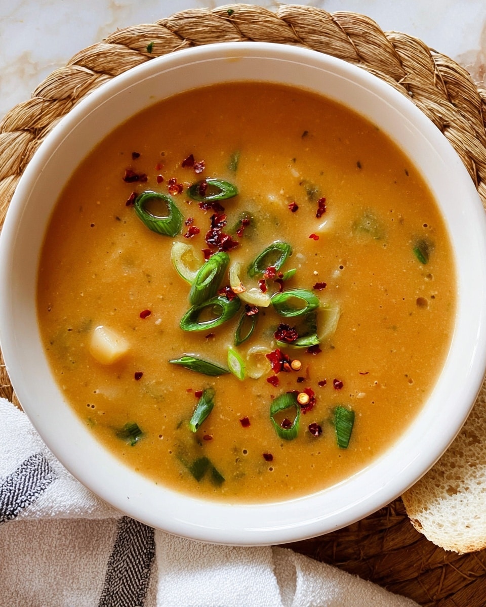 A white cup with a dark brown handle and a matching saucer hold a thick, light brown soup filled with tiny green herb bits. On top, there are three beige croutons, thin rings of light green and white spring onions, and tiny dark pepper and red chili flakes sprinkled over the surface. A woman's hand with a black spoon dips into the soup. The cup and saucer rest on a white marbled surface with some braided placemats and part of a crusty golden brown bread visible near the bottom left. Photo taken with an iphone --ar 4:5 --v 7