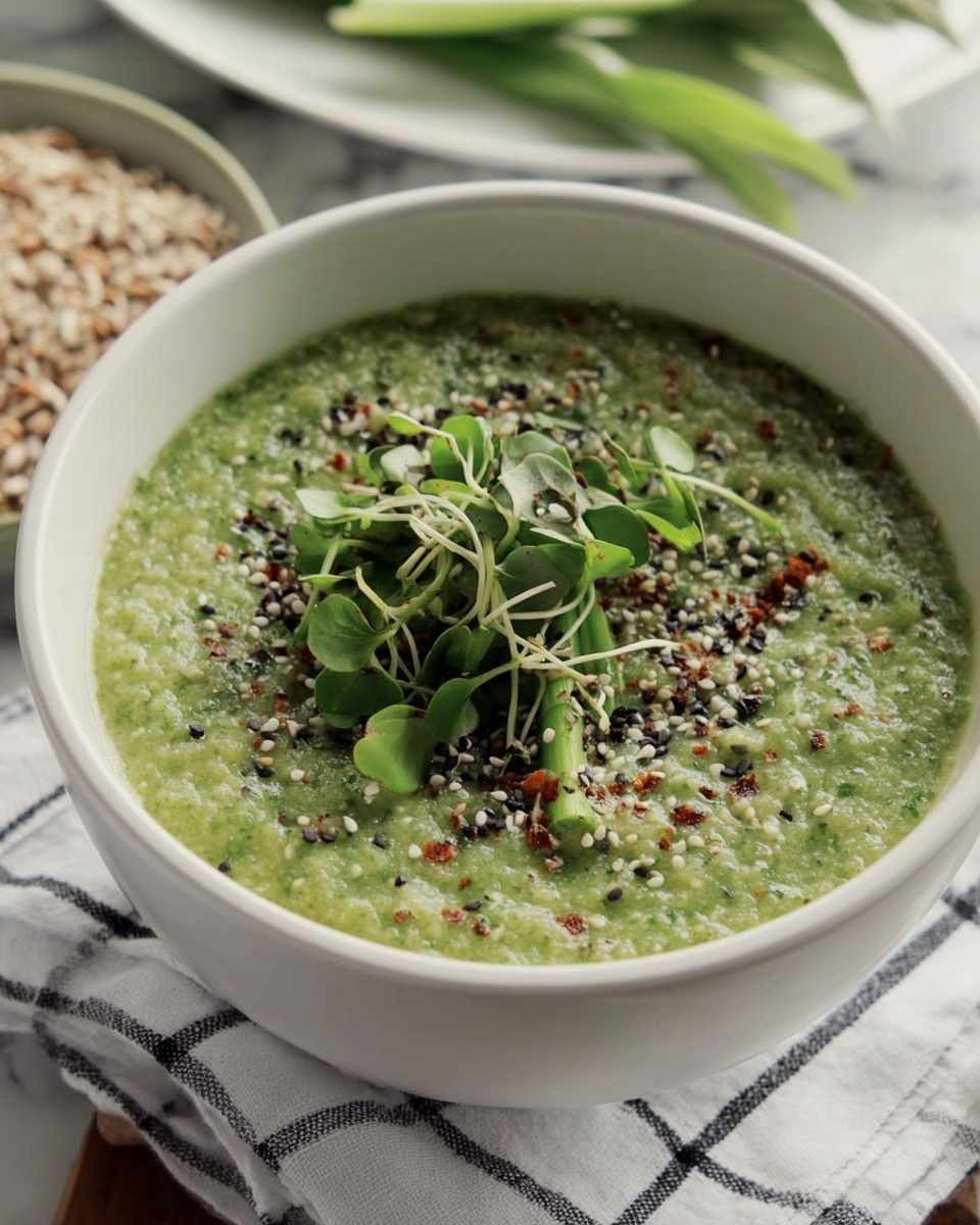 A white bowl filled with a thick green porridge that has a rough texture and small grains throughout. On top, there are fresh green leaves and several green chive-like sticks arranged neatly. There is a sprinkling of white and black seeds, along with tiny red chili flakes, mostly concentrated on the left side among the leaves. The bowl sits on a wooden surface with a soft white marbled background visible behind it. photo taken with an iphone --ar 4:5 --v 7