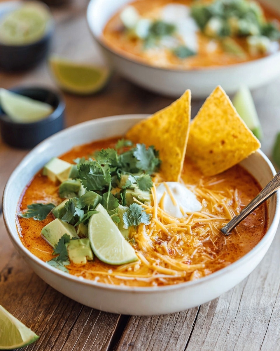 A white speckled bowl filled with a rich orange soup layer at the bottom, topped with shredded light yellow cheese. On top of the cheese, there are three triangular yellow tortilla chips placed on the left side. Two light green lime wedges sit near the chips, and diced green avocado pieces are arranged next to them. A bunch of fresh bright green cilantro leaves rest on the right side of the bowl. A small swirl of white cream is visible slightly blending into the soup near the center. The bowl sits on a brown wooden surface with scattered lime wedges, cilantro, and a small gray bowl filled with coarse white salt. A black spoon is partially inside the bowl on the left side. photo taken with an iphone --ar 4:5 --v 7