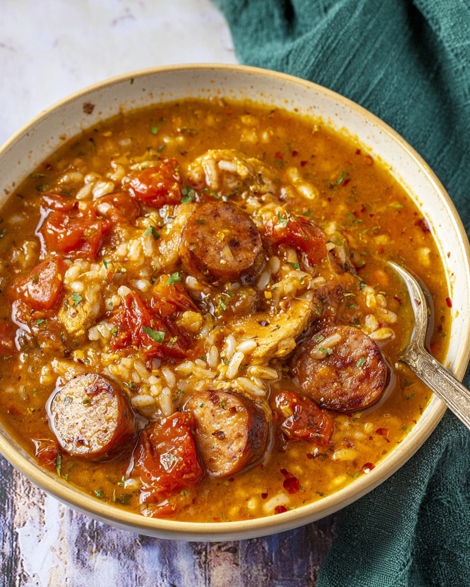 A white bowl filled with thick stew that has visible layers including chunks of red tomatoes, slices of browned sausage, small pieces of white rice, and bits of chicken in a rich, orange-brown broth. The stew has a textured appearance with some herbs and tiny flecks of red spices scattered throughout. A wooden-handled spoon is dipped in the bowl on the right side. The bowl is on a white marbled surface with a green cloth partially visible in the top right corner. Photo taken with an iphone --ar 4:5 --v 7