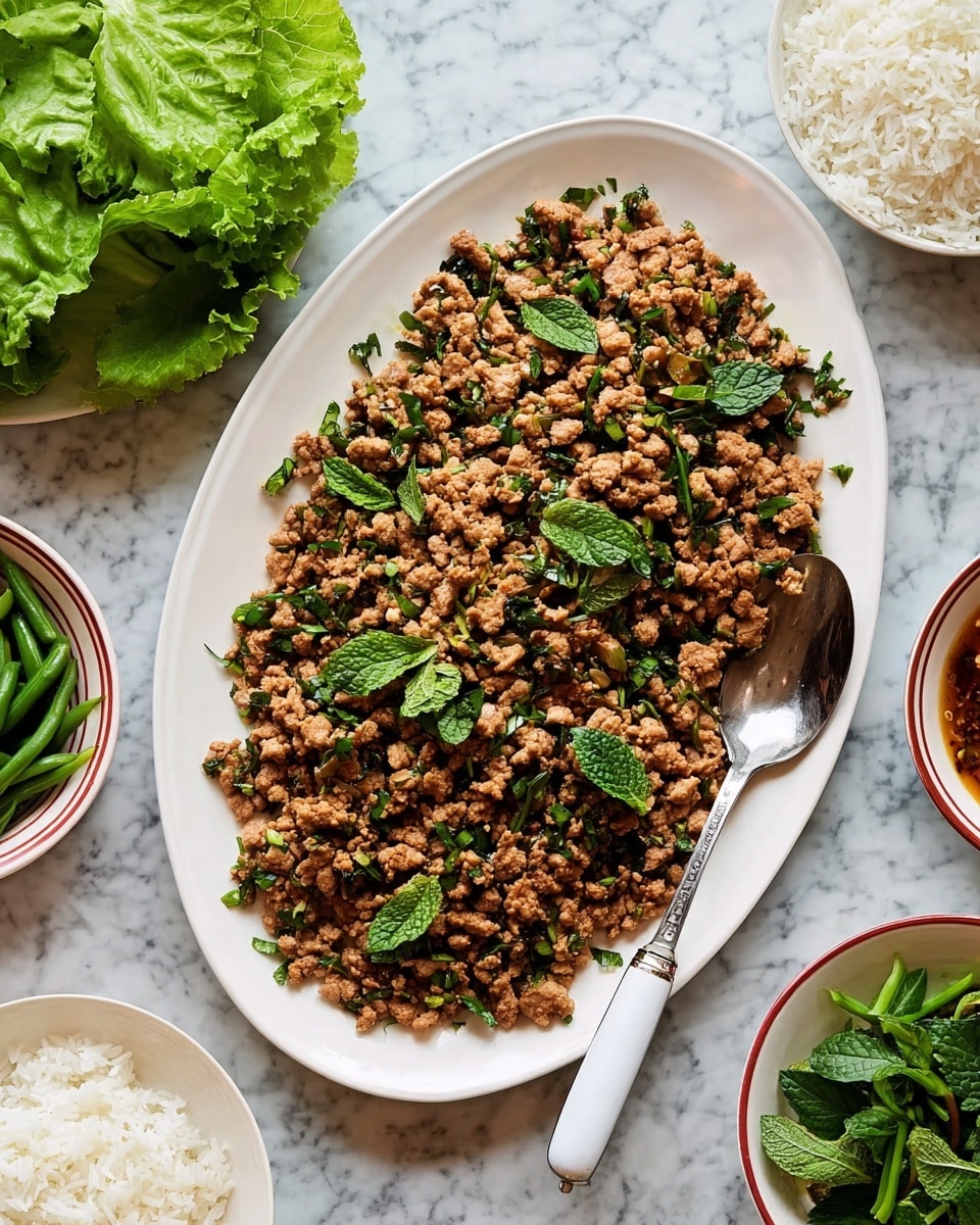 A large white oval plate filled with finely chopped cooked meat mixed with small green herb pieces, scattered with larger green leaves on top for garnish. A silver spoon with a white handle rests on the right side inside the plate. Around the plate, there are white bowls with plain white rice, fresh green mint leaves, fresh cilantro, a bowl with leafy green lettuce, and a small bowl with cut green beans, all placed on a white marbled surface. Photo taken with an iphone --ar 4:5 --v 7