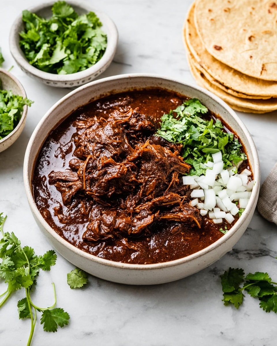 The image shows a shallow white bowl filled with a dark brown shredded meat stew, covered in a thick sauce with a rich texture. On the right side of the stew, there is a small pile of chopped white onions and green cilantro leaves, adding a pop of color on top. The bowl is placed on a white marbled surface, with some fresh cilantro scattered loosely nearby. To the top right of the bowl, there are three stacked light tan tortillas with slight grill marks. To the left, there are two smaller white bowls, one with whole cilantro leaves and the other with more chopped white onions. Photo taken with an iphone --ar 4:5 --v 7