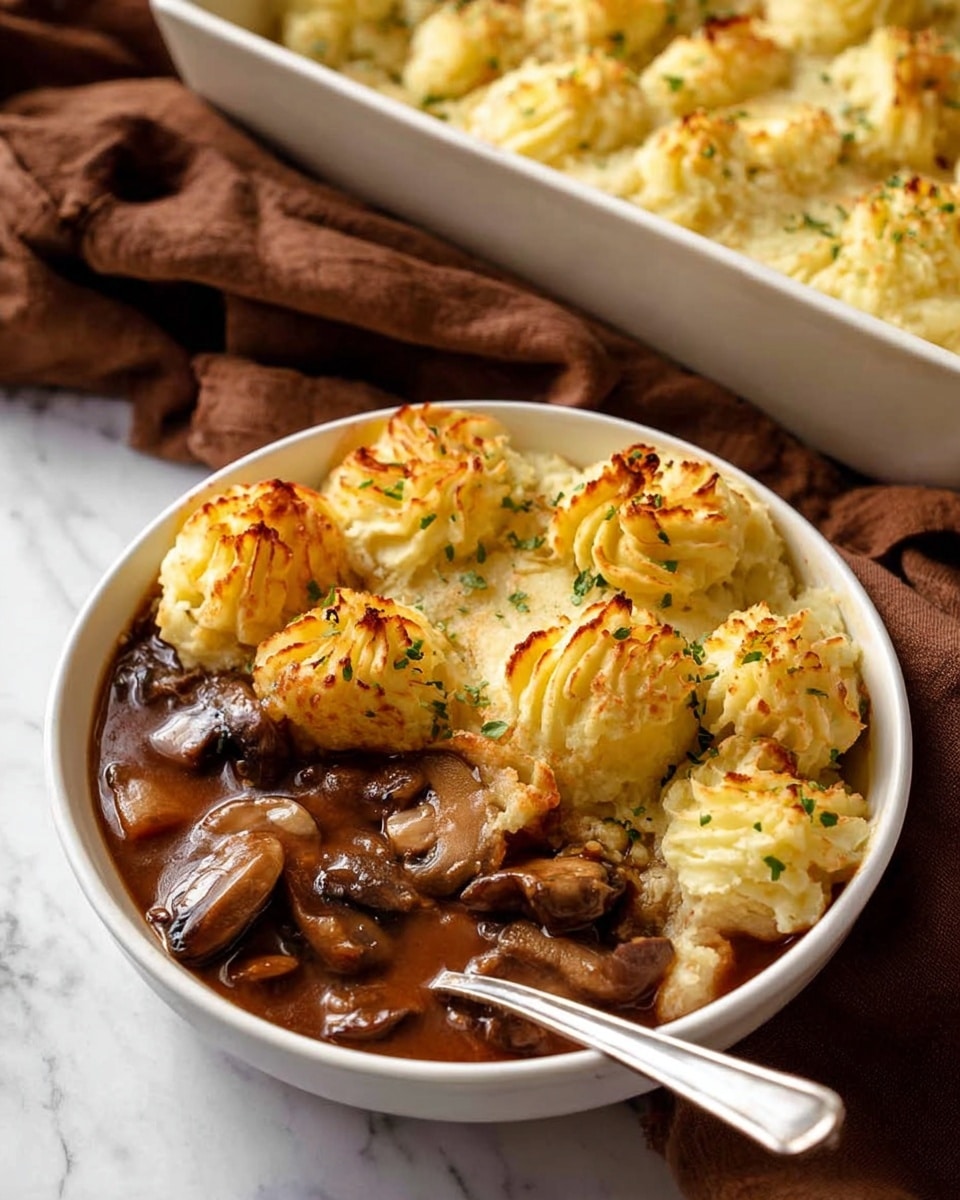 A white bowl filled with two main layers: the bottom layer is a rich brown sauce with sliced mushrooms and pieces of meat, giving a glossy and thick appearance; the top layer consists of golden-baked mashed potato dollops piped in swirls, lightly browned at the tips and sprinkled with small green herb bits, creating a textured, fluffy look. A silver spoon rests inside the bowl, partly under the potato layer. In the background, a white baking dish with more mashed potato dollops is visible on a white marbled surface covered by a brown cloth. Photo taken with an iphone --ar 4:5 --v 7