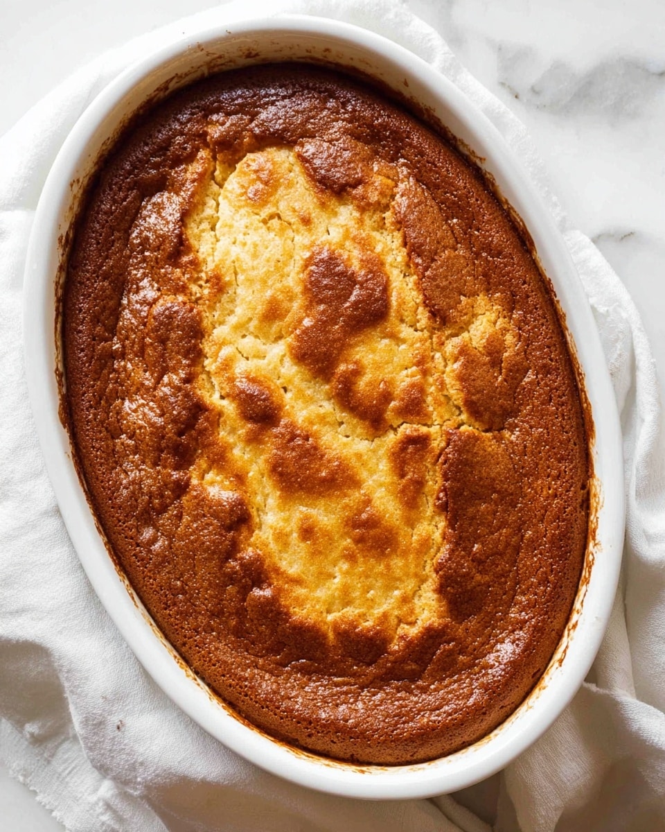 A close-up image shows a soft, golden brown cake layer soaked in a thick, rich caramel sauce that pools at the bottom. On top of the cake sits a scoop of smooth, creamy vanilla ice cream, slightly melting and blending with the caramel sauce. A silver spoon rests in the sauce near the cake, reflecting the sauce's glossy texture. The dish is served in a white bowl, placed on a white marbled surface. Photo taken with an iphone --ar 4:5 --v 7