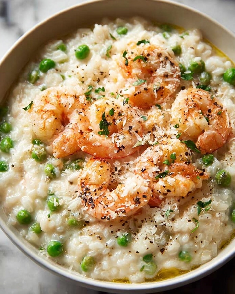 A dark bowl filled with creamy white risotto that has a soft, slightly thick texture. The dish includes several whole, pink-orange shrimp with dark tips on their tails, spread evenly on the surface. Bright green peas are scattered throughout the risotto, adding small pops of color. The risotto is lightly sprinkled with green parsley flakes and a bit of grated light yellow cheese. A silver spoon is partially placed inside the bowl on the right side. The background is a white marbled texture with a small white bowl containing more grated cheese visible in the upper left corner. Photo taken with an iphone --ar 4:5 --v 7