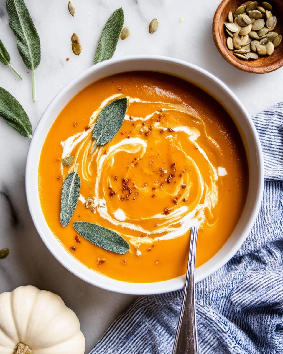 The image shows a bowl of smooth orange pumpkin soup with a few white cream swirls on top, sprinkled with small dark brown spices, and garnished with fresh sage leaves. The soup fills most of the white bowl with a spoon resting inside it on the left. Around the bowl on a white marbled surface are scattered pumpkin seeds, fresh sage leaves, a small orange pumpkin on the right, and a small wooden bowl filled with pumpkin seeds on the lower left. A blue and white striped cloth is draped above the bowl. Photo taken with an iphone --ar 4:5 --v 7