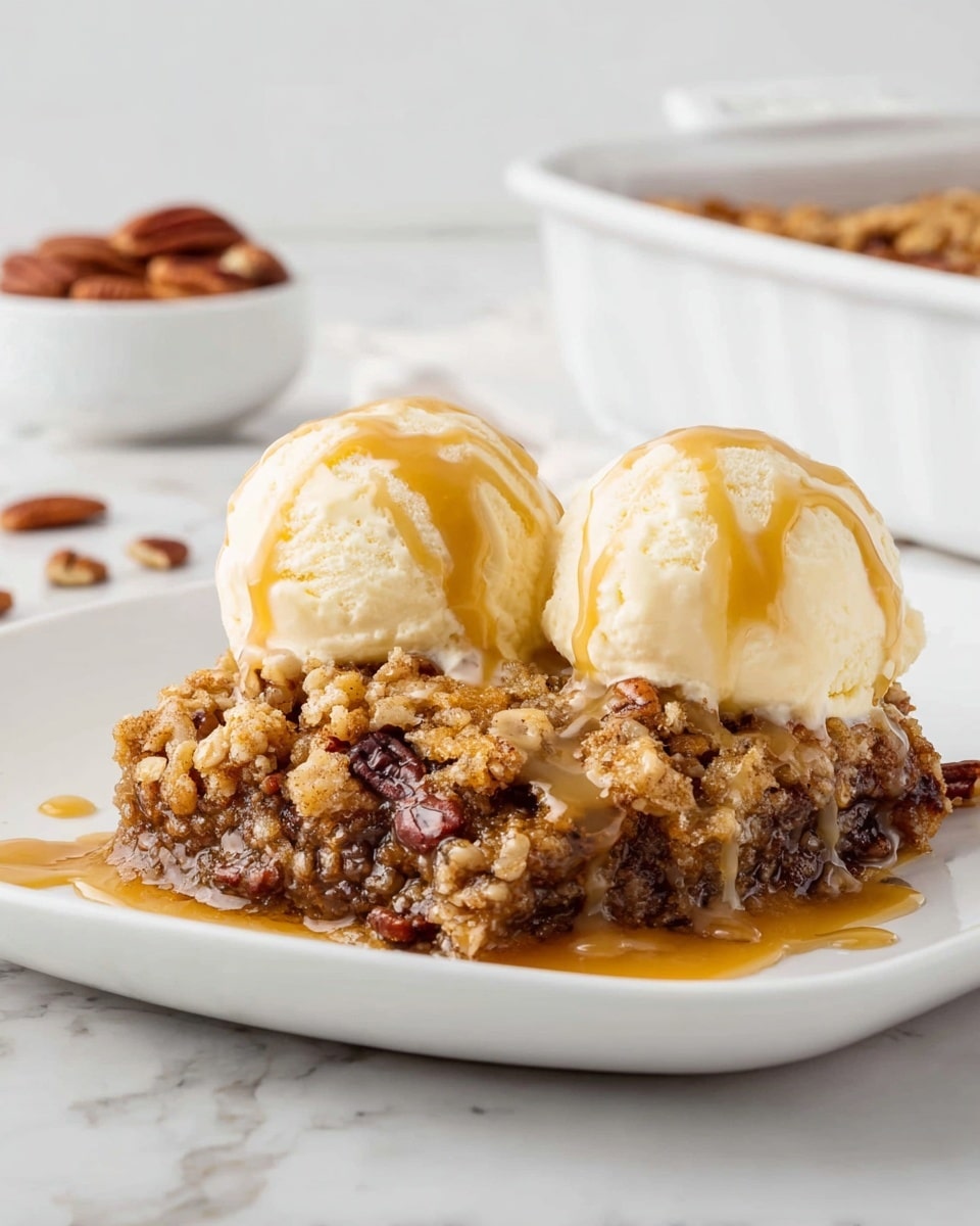 A close-up of a spoon holding one layer of a dessert showing three distinct parts: the bottom layer is a sticky golden-brown pecan filling with visible whole pecans; the middle layer is a crumbly, caramel-brown crust; and the top layer is a swirl of white whipped cream with a drizzle of light amber caramel sauce. In the background, there is a white baking dish filled with the same pecan dessert and a small white bowl with scattered pecans on a white marbled surface. photo taken with an iphone --ar 4:5 --v 7