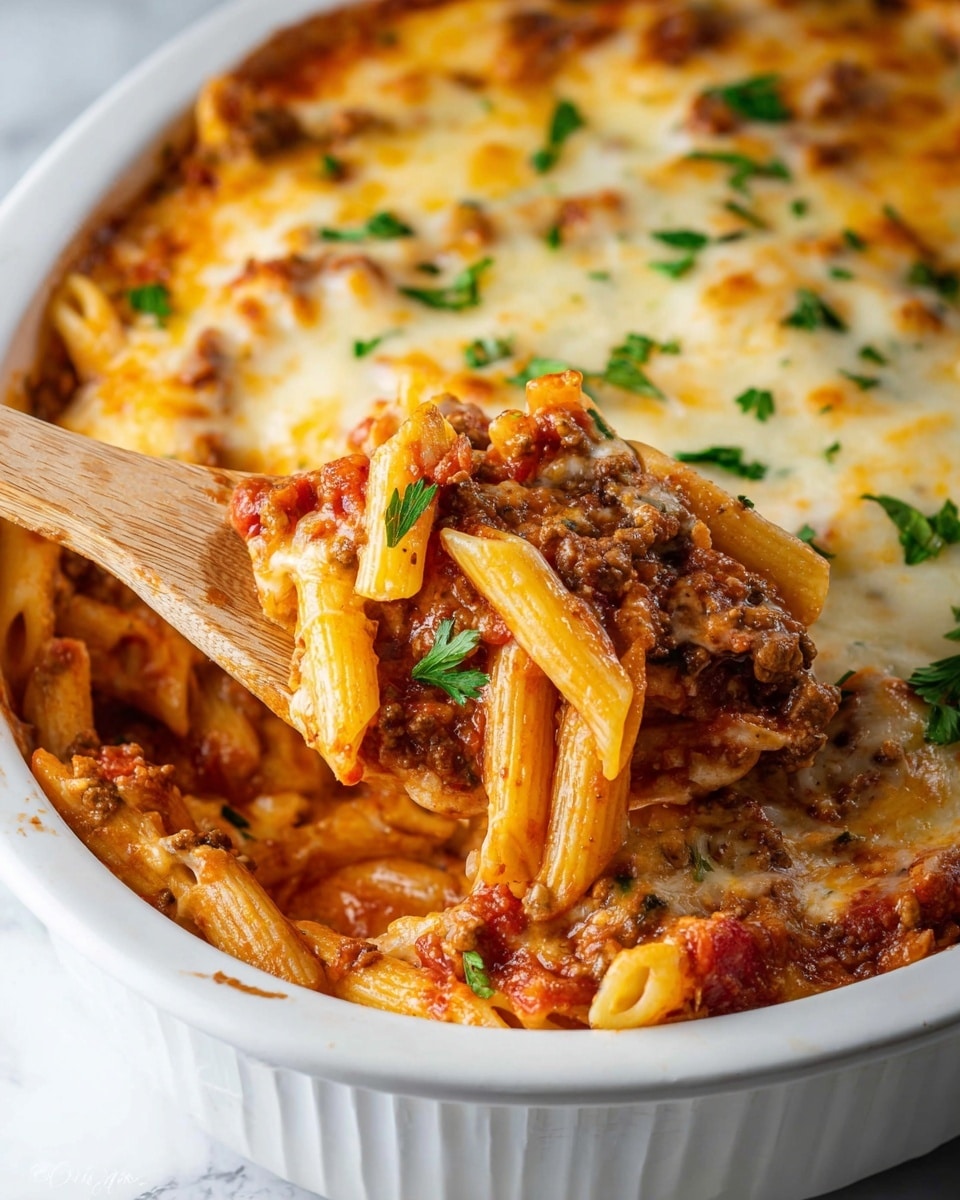 A white oval dish filled with a baked pasta casserole showing three visible layers: the bottom layer with cooked penne pasta in light yellow, the middle layer of chunky tomato sauce mixed with ground meat in reddish-brown, and the top layer covered with melted cheese in golden yellow, dotted with green parsley flakes. A wooden spoon scoops out some pasta from the right side, revealing the cheesy and saucy inside texture. The dish sits on a white marbled surface with a bunch of green parsley in the top left corner and a small bowl of green herbs at the bottom right. Photo taken with an iphone --ar 4:5 --v 7
