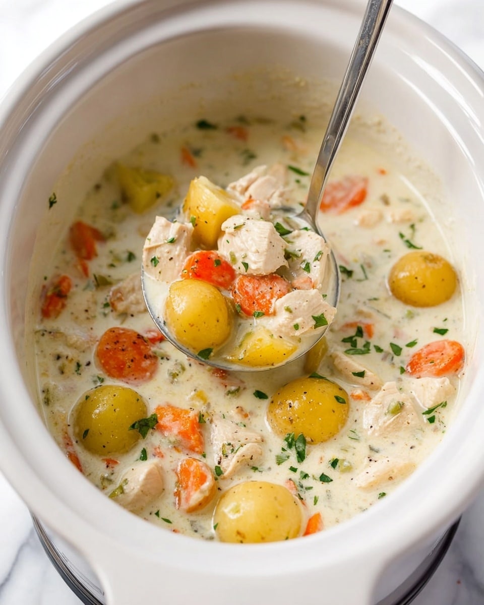 The image shows a bowl of creamy soup filled with three main layers: the first layer is white creamy broth with a smooth texture, covering the bottom and edges of the bowl; the second layer has scattered medium-sized yellow potato pieces with their skin on, visible in the center and sides; the third layer contains bright orange carrot chunks and pieces of light-colored chicken, mixed evenly throughout. The soup is garnished with small green parsley leaves and black pepper sprinkled on top. The bowl is white and placed on a white marbled surface, next to a piece of bread on a wooden board and a grey cloth napkin nearby. photo taken with an iphone --ar 4:5 --v 7